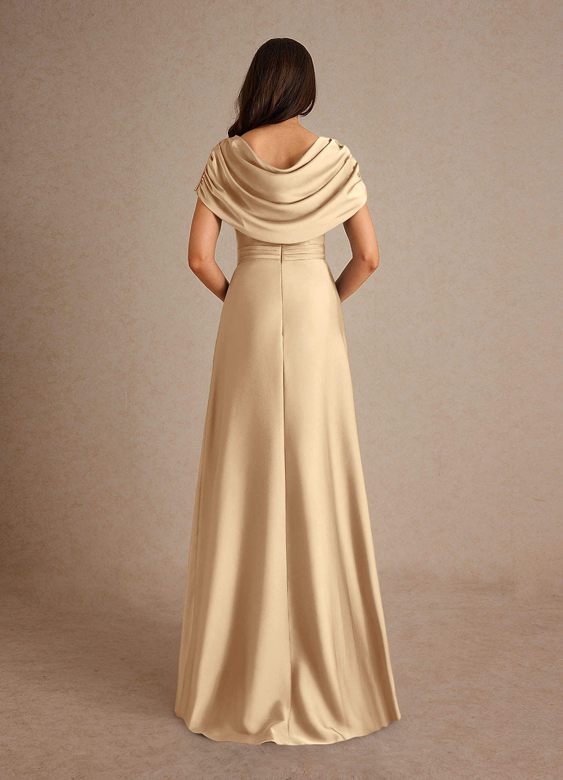 Azazie Branford Mother of the Bride Dresses Champagne A-Line Pleated Stretch Satin Dress image5