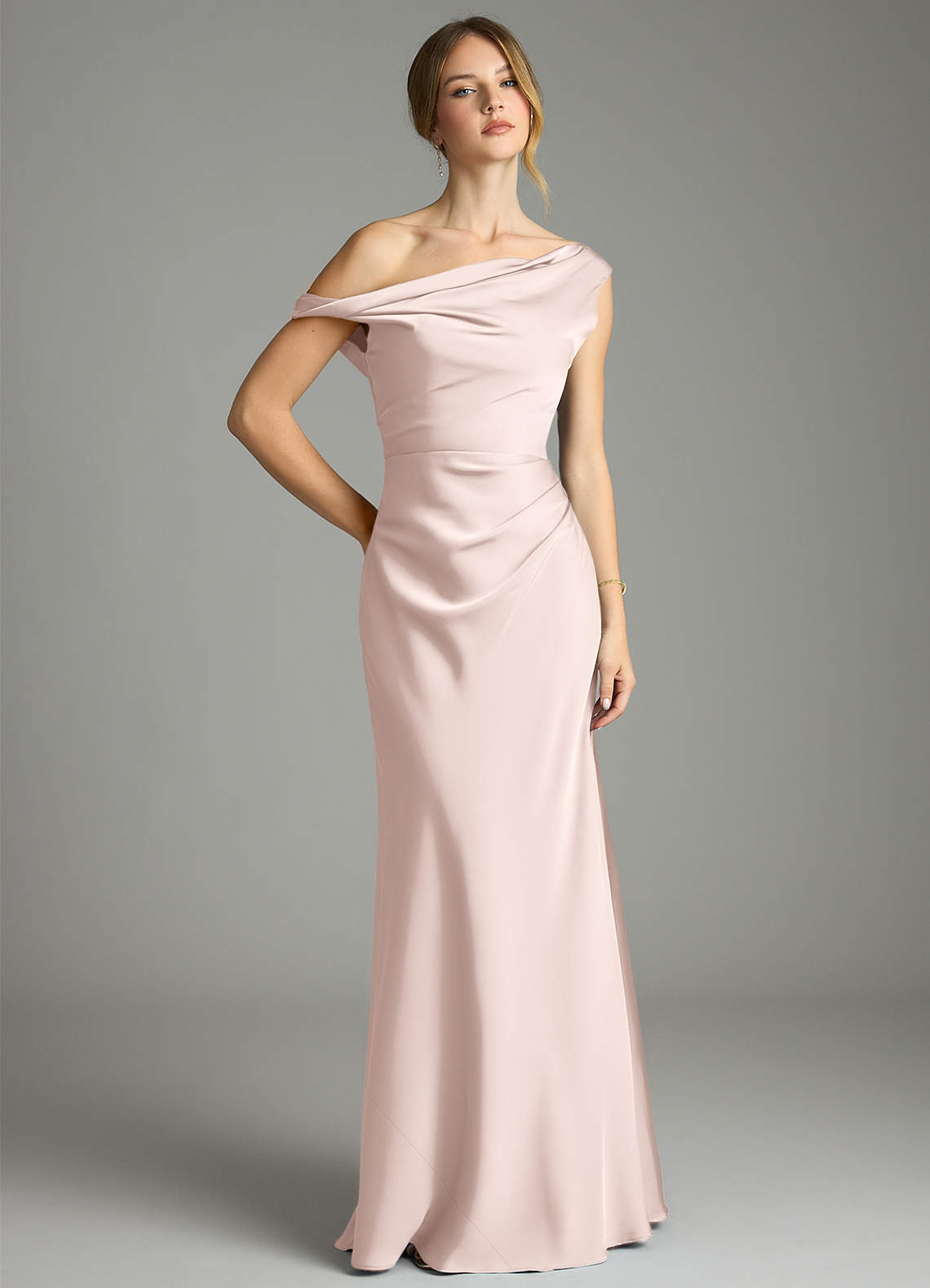 Azazie Mermaid Off-The-Shoulder Floor-Length Stretch Satin Bridesmaid Dresses - Blushing Pink