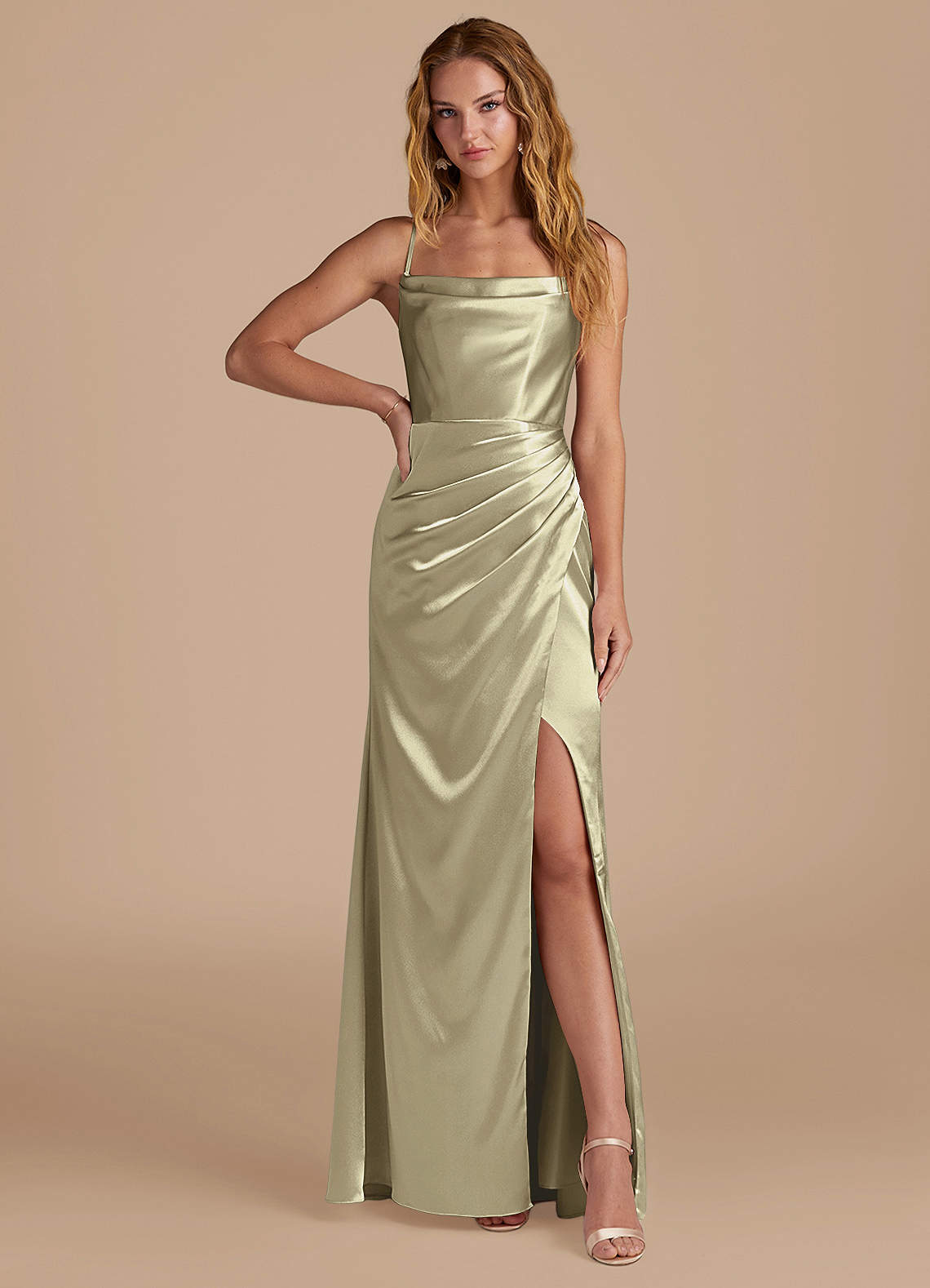 Azazie Marzia Bridesmaid Dresses Moss Green Mermaid Pleated Metallic Satin Dress image1