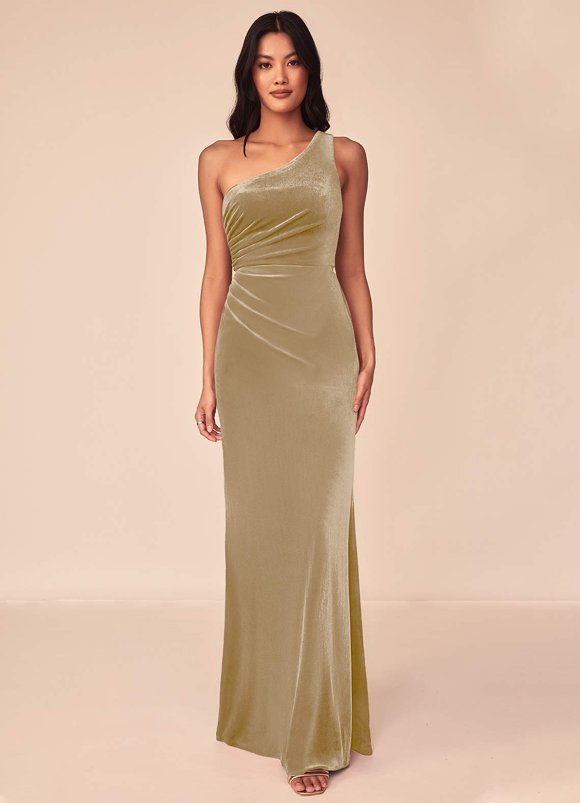 Azazie Argan Brautjungfernkleider A-Linie Eine Schulter Gefaltet Samt Kleid Goldene Bräune image1