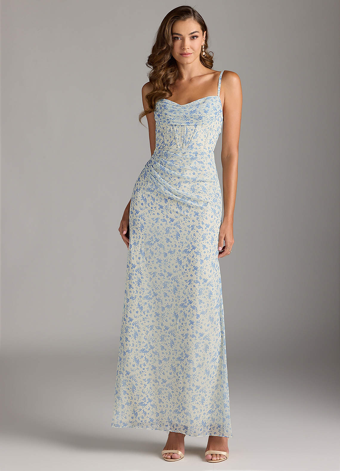 Azazie Mai Bridesmaid Dresses Blue And White Ditsy Floral Sheath Pleated Chiffon Dress image1