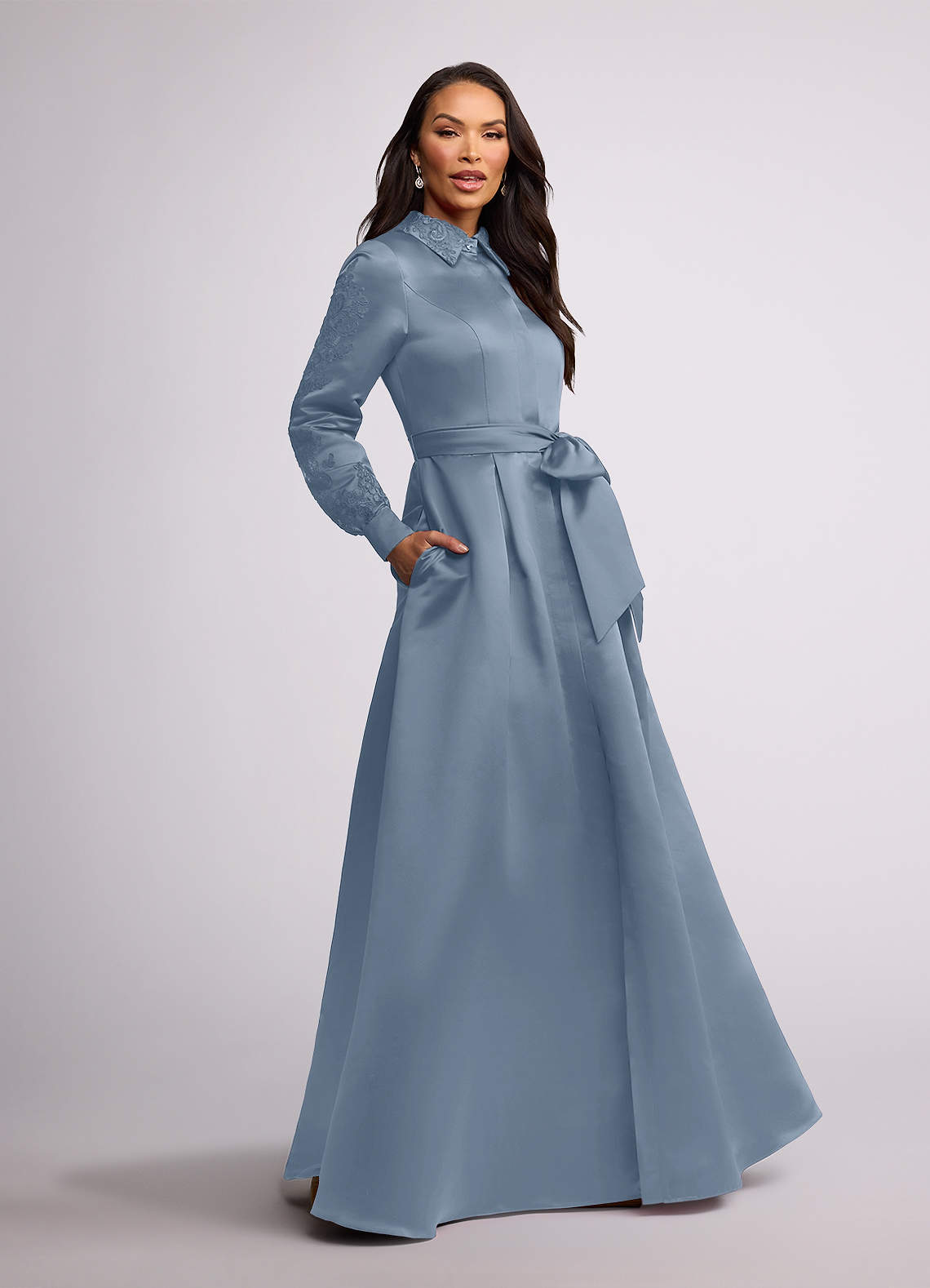 Azazie Ruth Mother of the Bride Dresses Dusty Blue A-Line Lace Matte Satin Dress image1