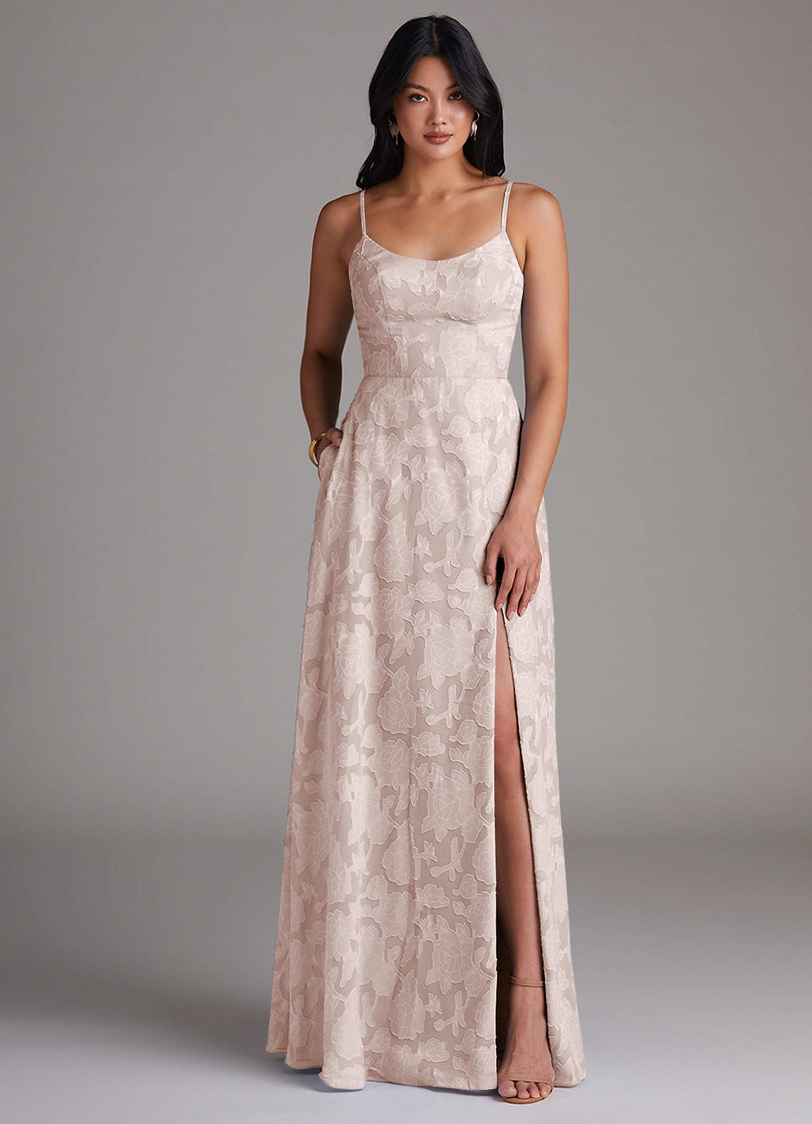 Azazie Moira Bridesmaid Dresses Blushing Pink A-Line Side Slit Floral Burnout Dress image1