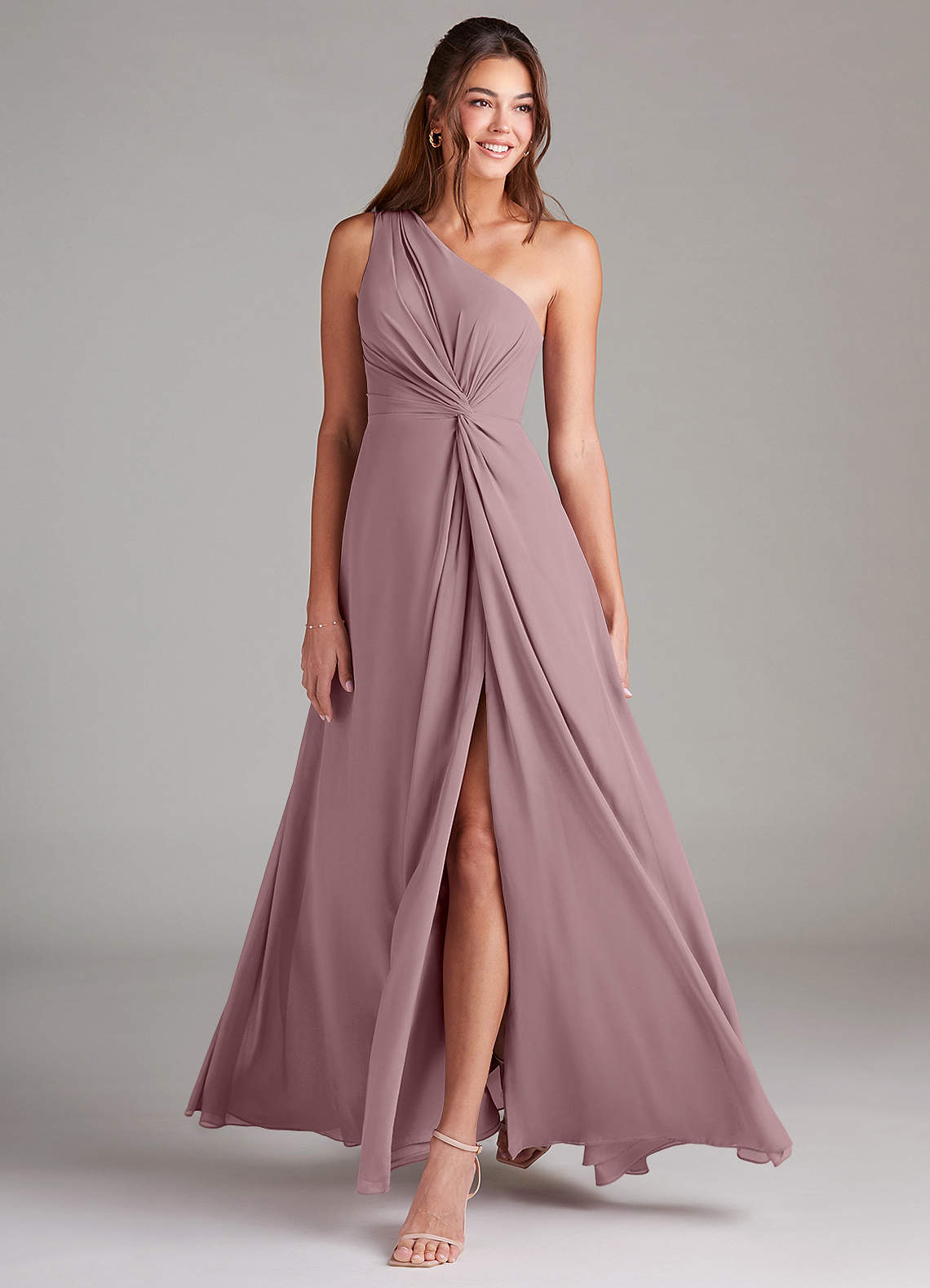 Azazie Brooke Bridesmaid Dresses Dusty Rose A-Line One Shoulder Chiffon Dress image2