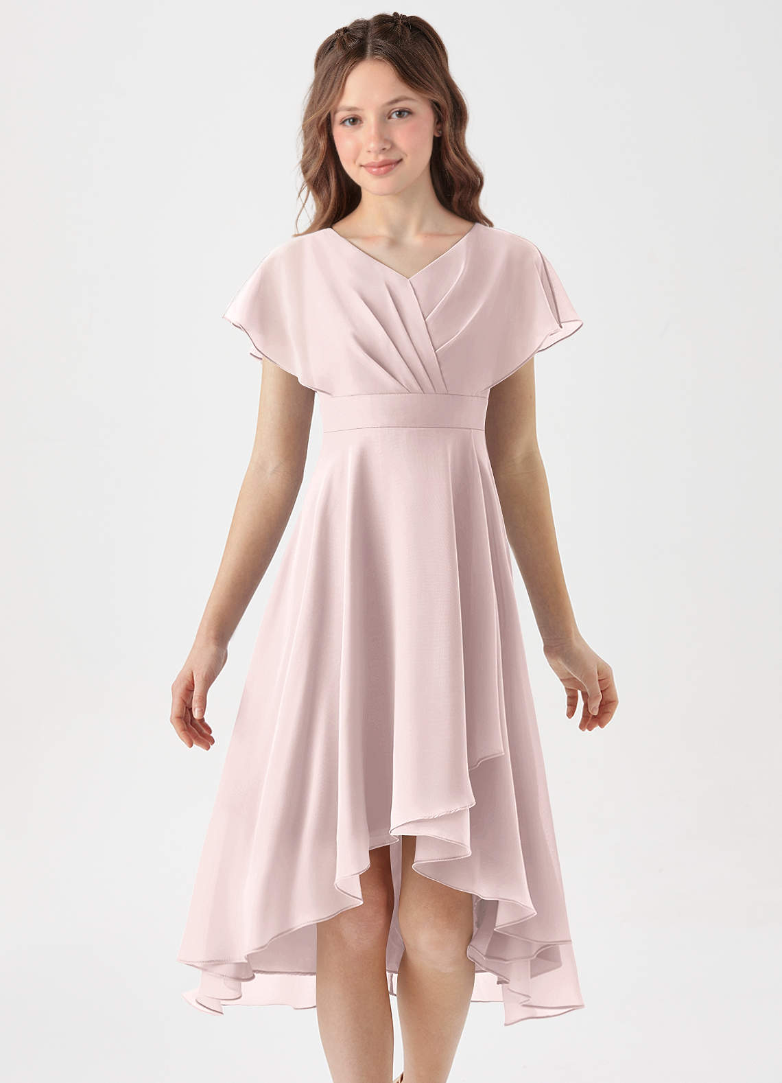 Azazie Graciela Junior Vestido Rosa Corado de Chiffon de Linha A com Plissado image2