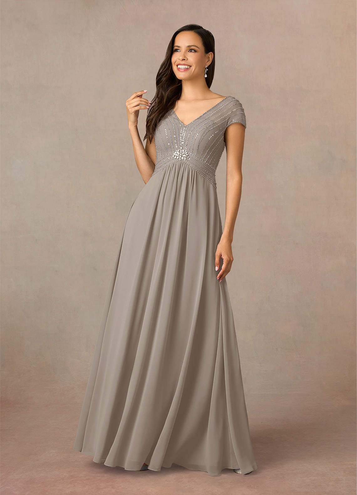 Azazie Star Mother of the Bride Dresses Taupe A-Line V-Neck sequins Chiffon Dress image1