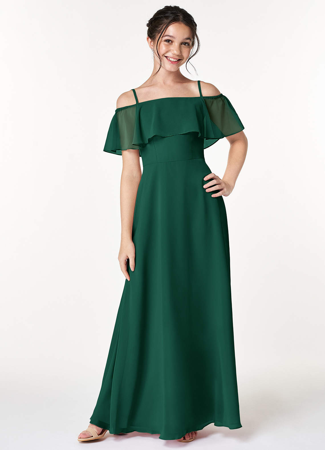 Azazie Maggie Junior Emerald A-Line Off the Shoulder Chiffon Dress image1