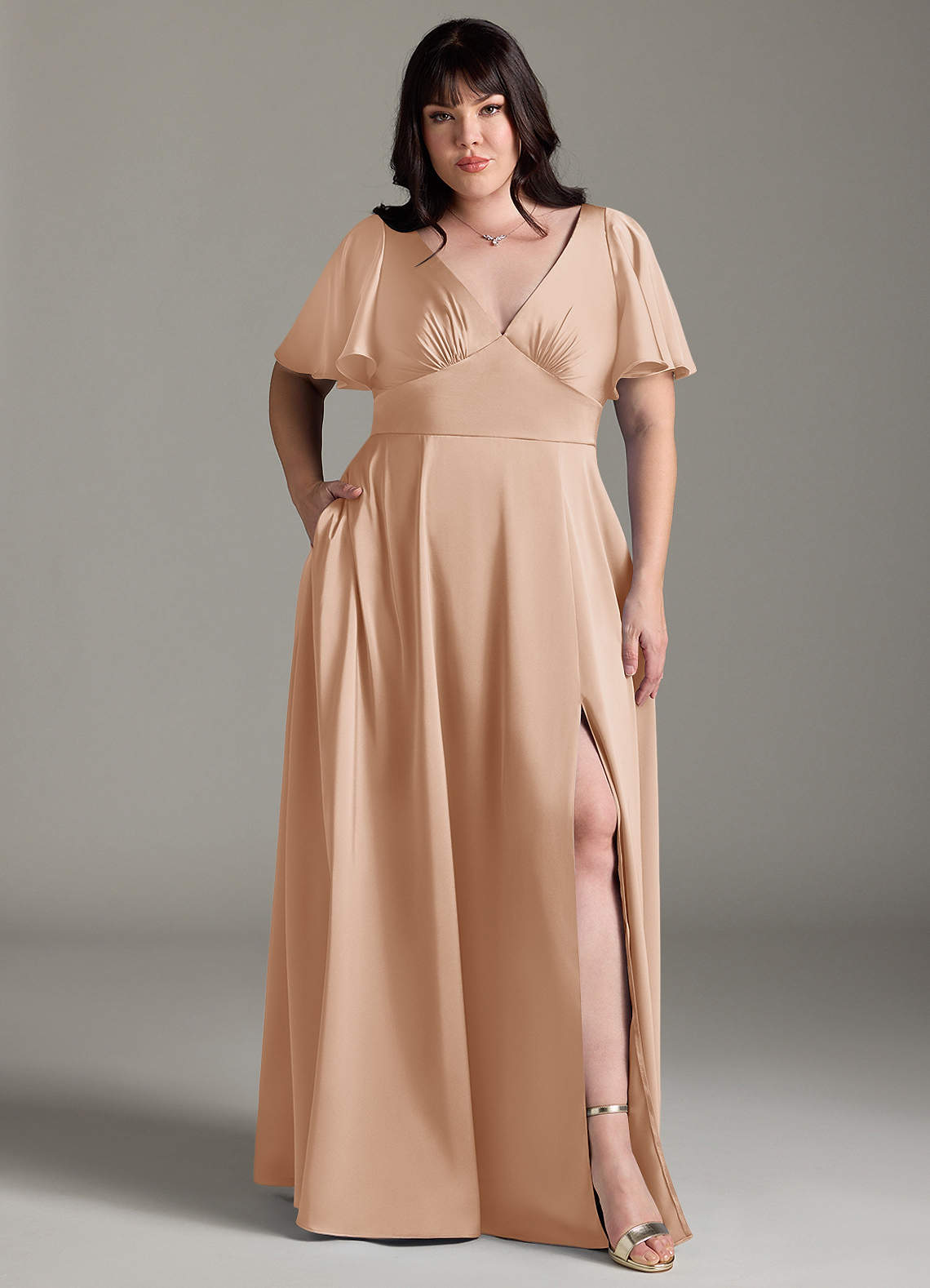 Azazie Kimber Bridesmaid Dresses English Rose A-Line Ruched Stretch Satin Dress image6