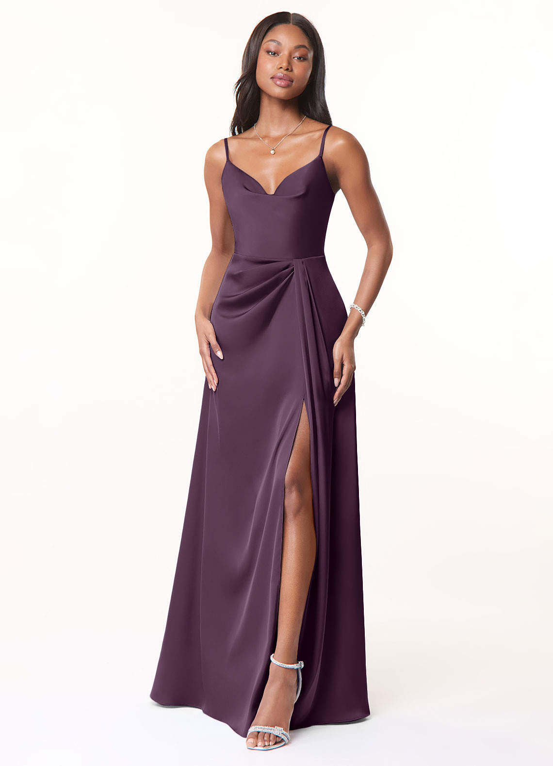 Azazie Brielle Bridesmaid Dresses Plum A-Line Cowl Spaghetti Straps Stretch Satin Dress image1