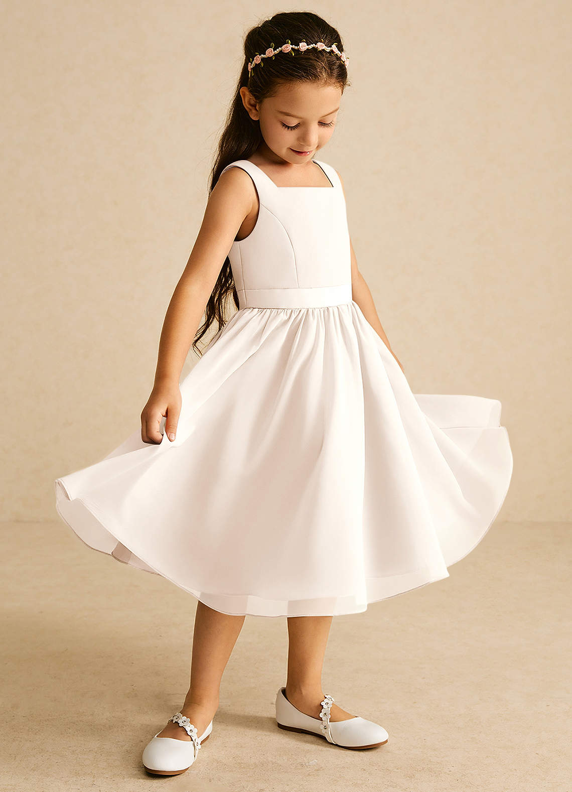 Azazie Ari Blumenmädchenkleider A-Linie ärmellos Chiffon Kleid Alabaster Weiß image1