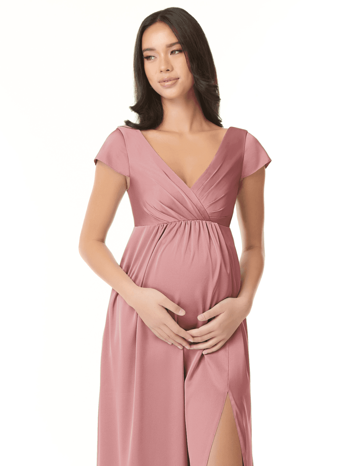 Azazie Allessia Maternity Bridesmaid Dresses A-Line Pleated Stretch Satin Floor-Length Dress image4