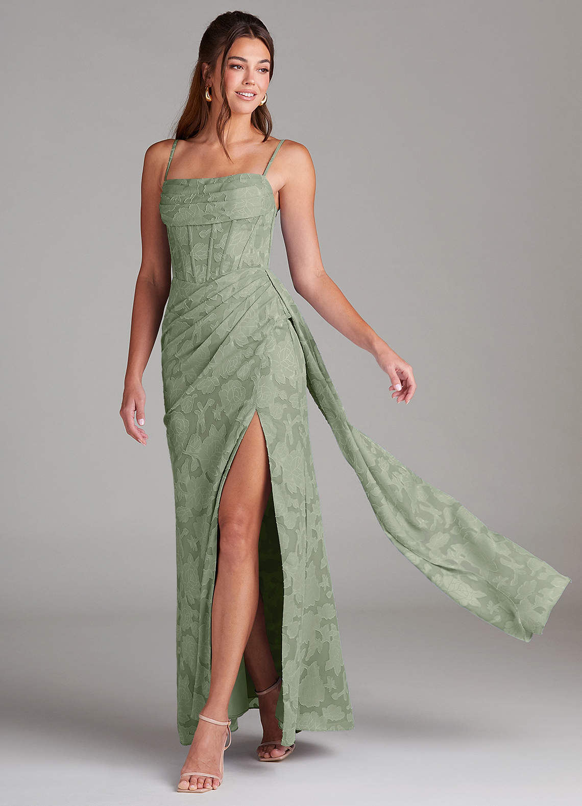 Azazie Denisa Bridesmaid Dresses Agave Sheath Pleated Floral Burnout Dress image1