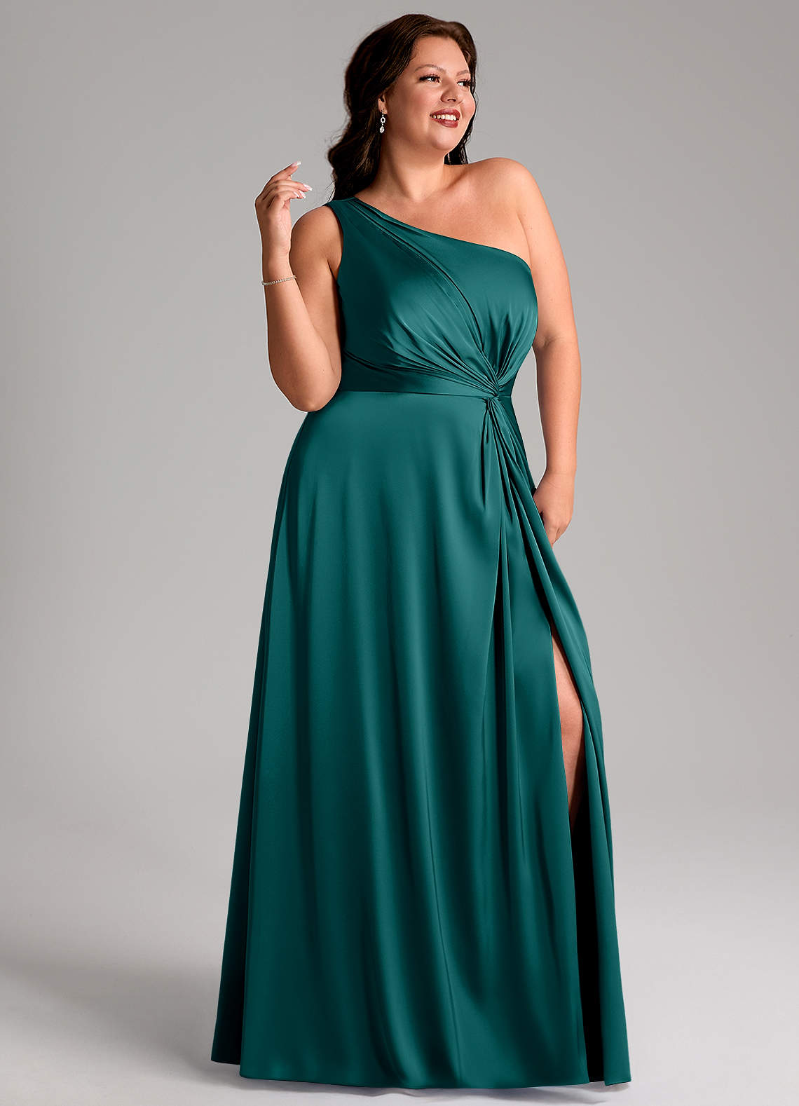Azazie Brooke Abiti da Damigella Abito A-Line in Raso Elasticizzato Monospalla Verde Pavone image10