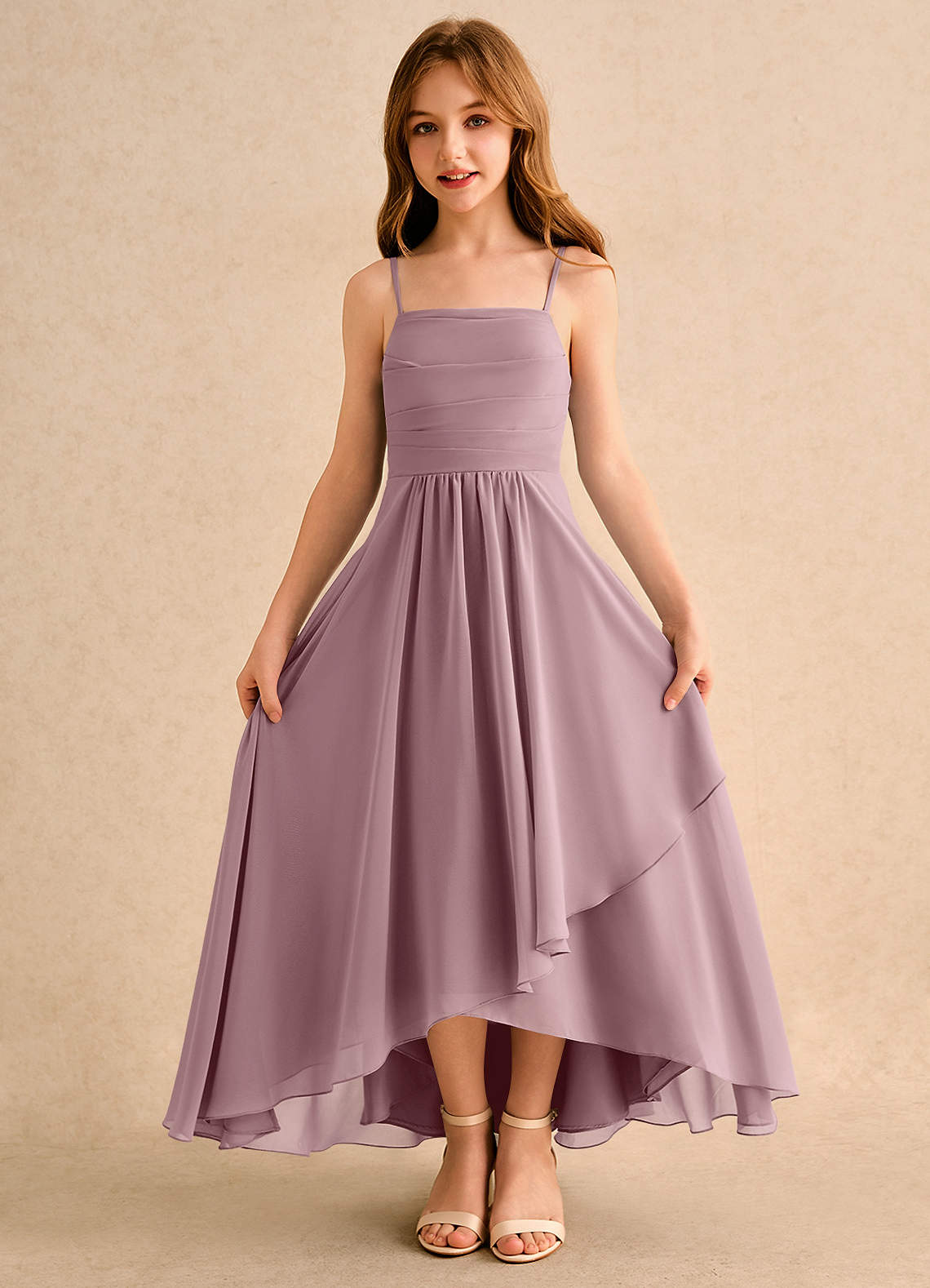Azazie Twilight Dance Girls Formal Vestidos de florista Vestido Rosa Empoeirada de Chiffon de Linha A com Plissado image5
