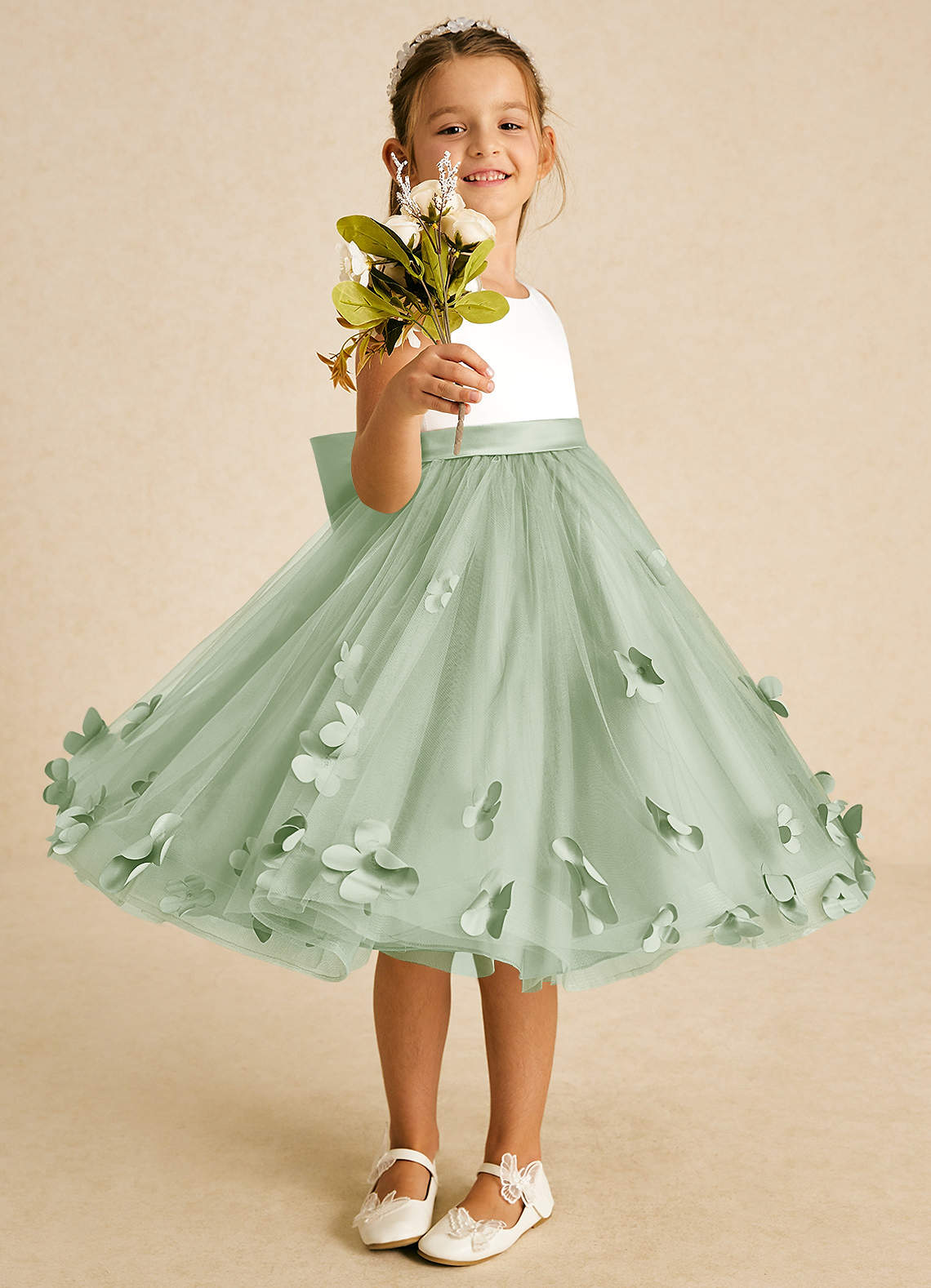 Azazie Sprout Flower Girl Dresses Dusty Sage A-Line Bow Tulle Dress image1