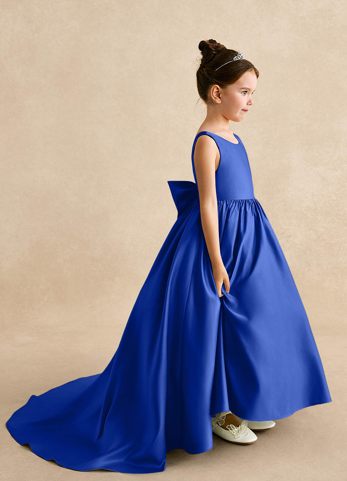 Azazie Mimia Robe Demoiselle D'honneur Fillette Robe Trapèze en Mat Satiné Arc Bleu Roi image1