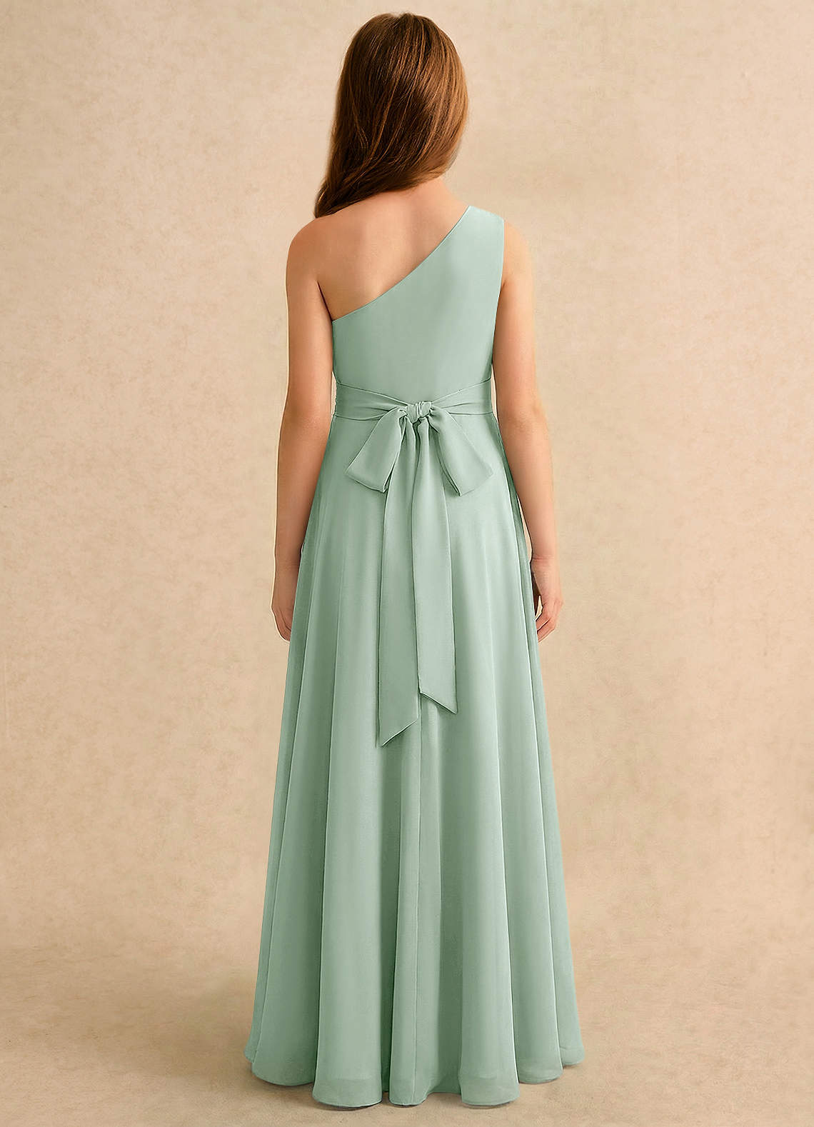 Azazie Puddles Girls Formal Abiti da Ragazza di Fiori Abito A-Line in Chiffon Monospalla Agave image1