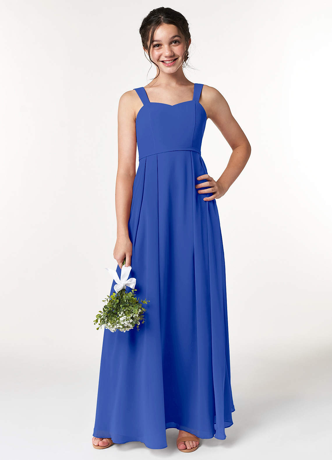 Azazie Simoan Junior Abito A-Line in Chiffon Scollo a Cuore Blu Reale image1