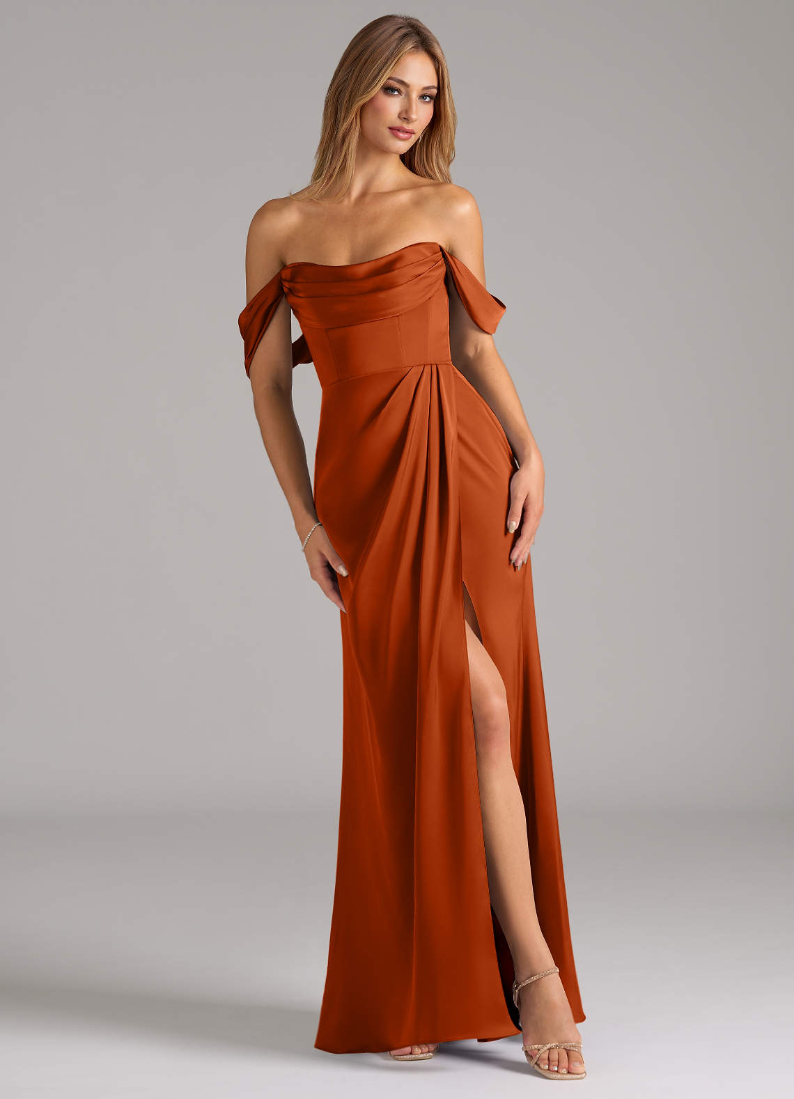 Azazie Johana Bridesmaid Dresses Burnt Orange Mermaid Off the Shoulder Stretch Satin Convertible Dress image1