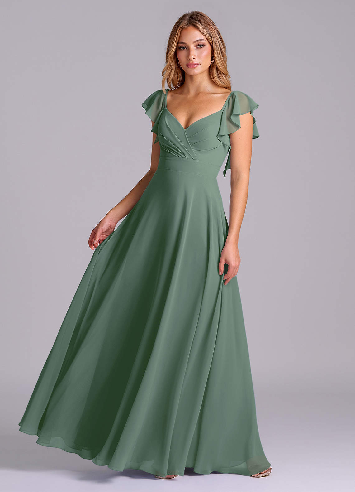 Azazie Leilani Bridesmaid Dresses Eucalyptus A-Line Pleated Chiffon Dress image1