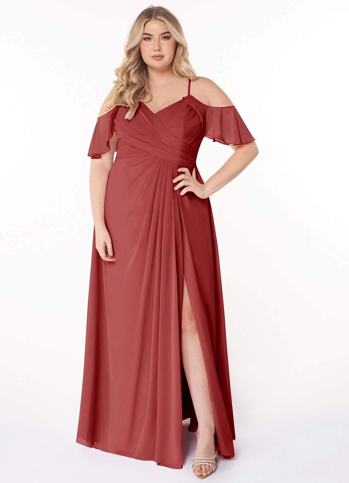 Azazie Dakota Bridesmaid Dresses Rust A-Line V-Neck Pleated Chiffon Dress image1