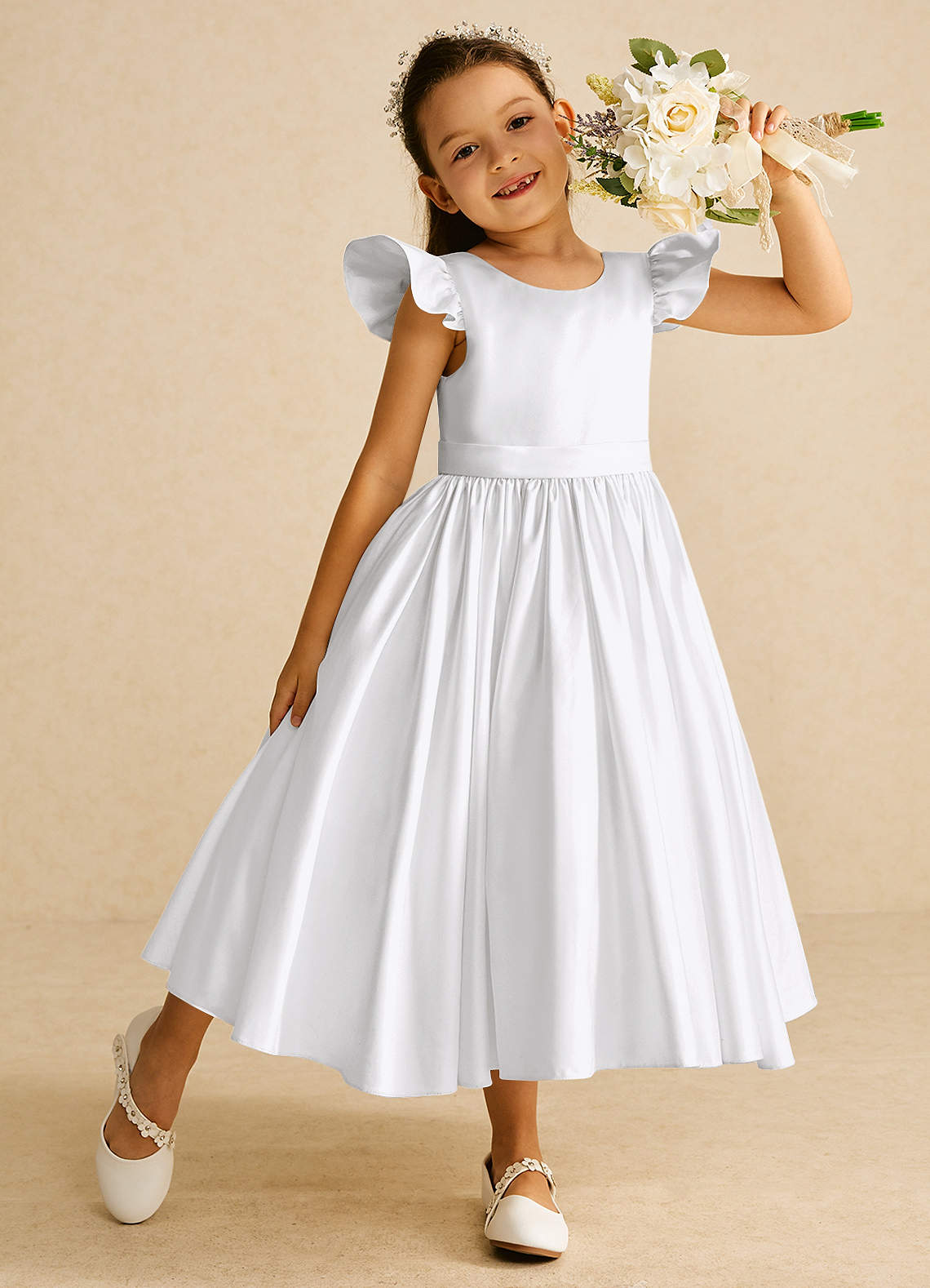 Azazie Violeta Flower Girl Dresses White Ball-Gown Bow Matte Satin Dress image1