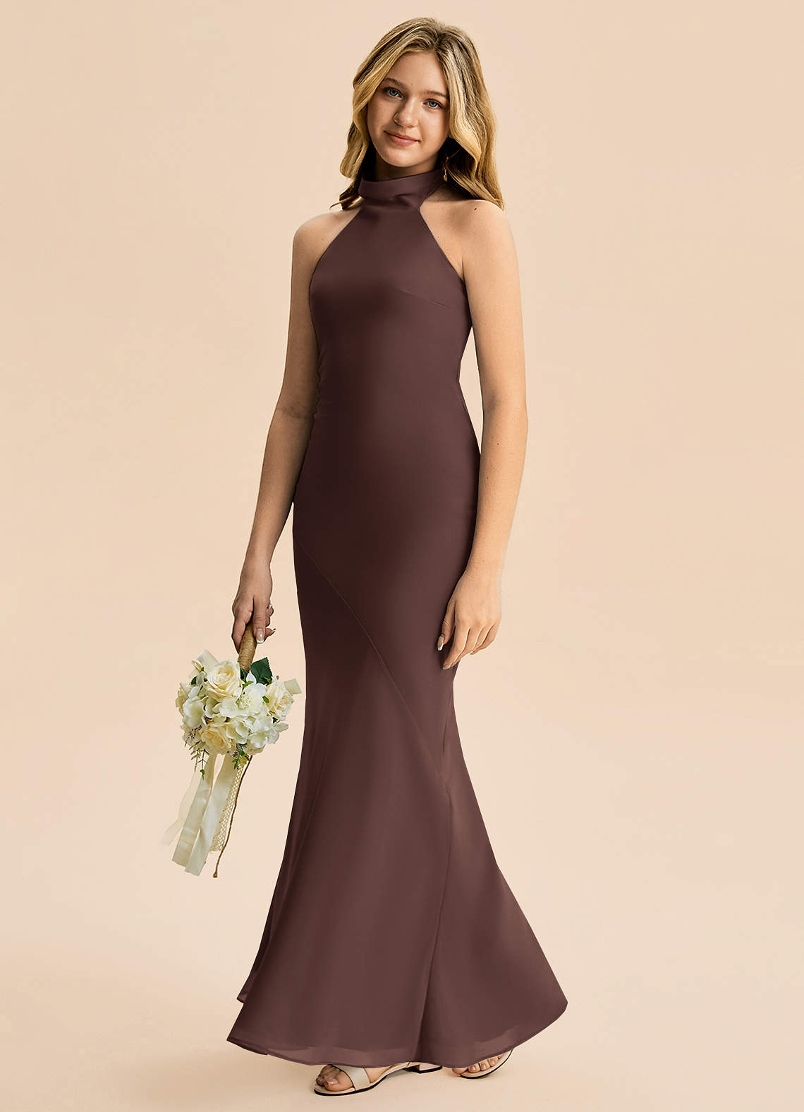 Azazie Velli Junior Meerjungfrau-Linie Hoher Kragen Chiffon Kleid Ganache image3