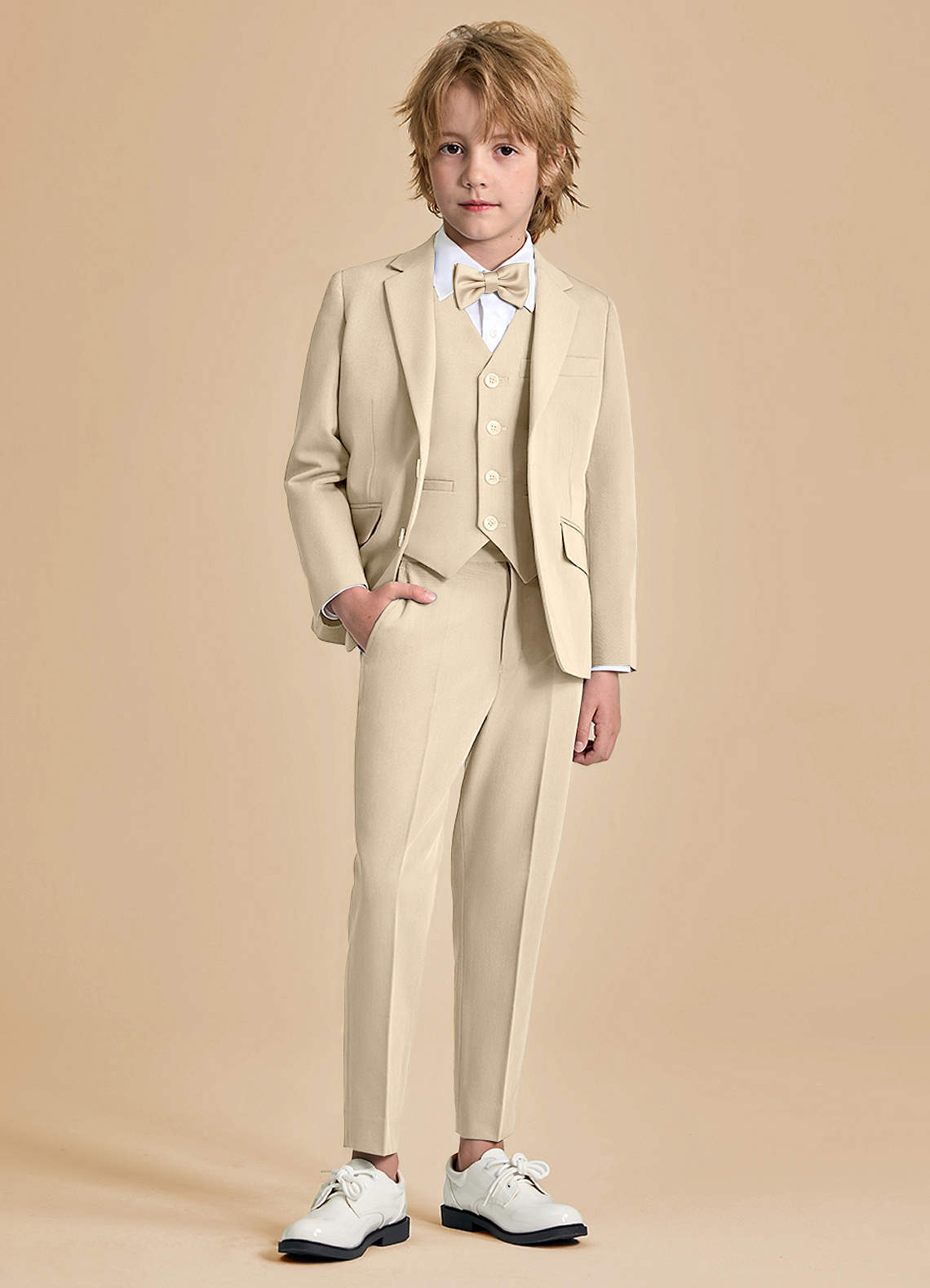 front Oliver Boys Tan 5-Piece Suit With Bow Tie