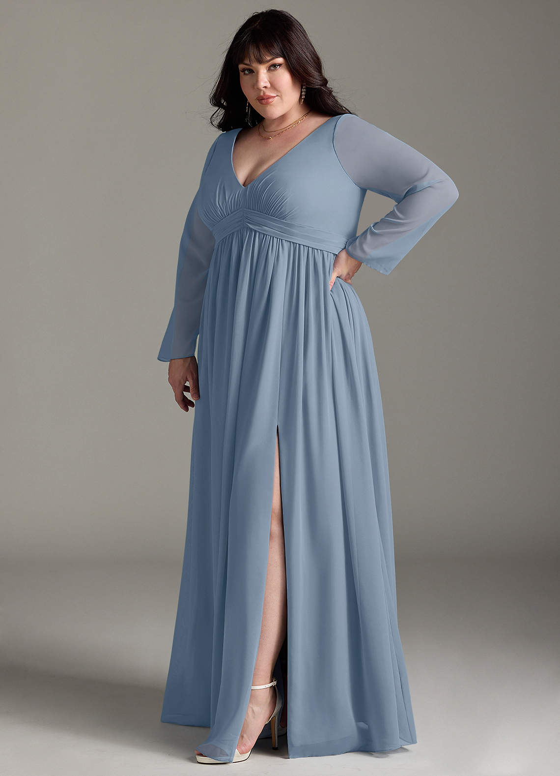 Azazie Teton Maternity Bridesmaid Dresses A-Line Long Sleeve Chiffon Floor-Length Dress image9