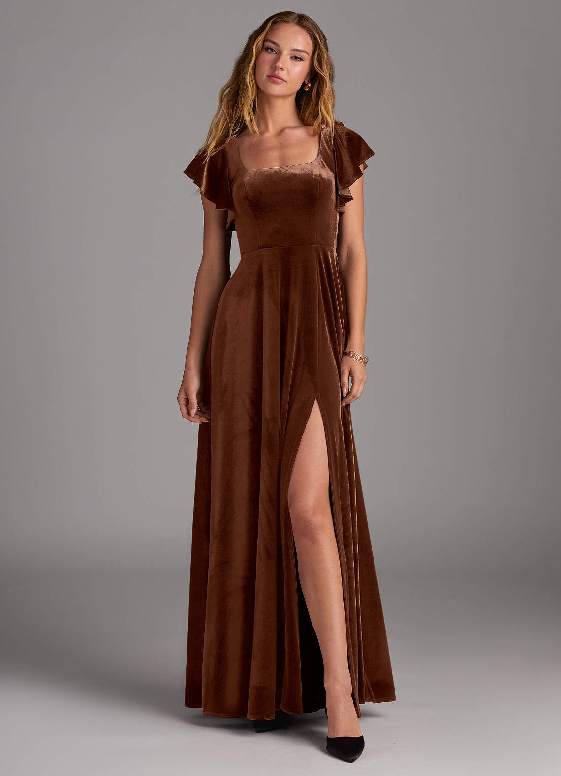 Azazie Bondi Bridesmaid Dresses Umber A-Line Side Slit Velvet Dress image1
