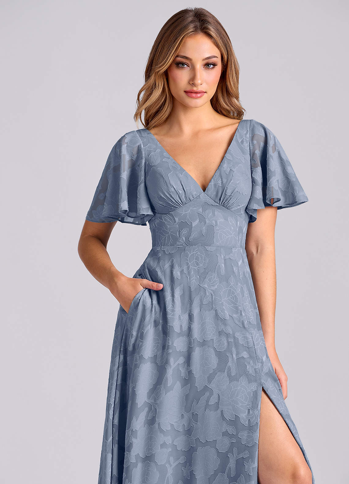 Azazie Kimber At-home Try On Dresses Dusty Blue A-Line with Pockets Floral Burnout Dress image8