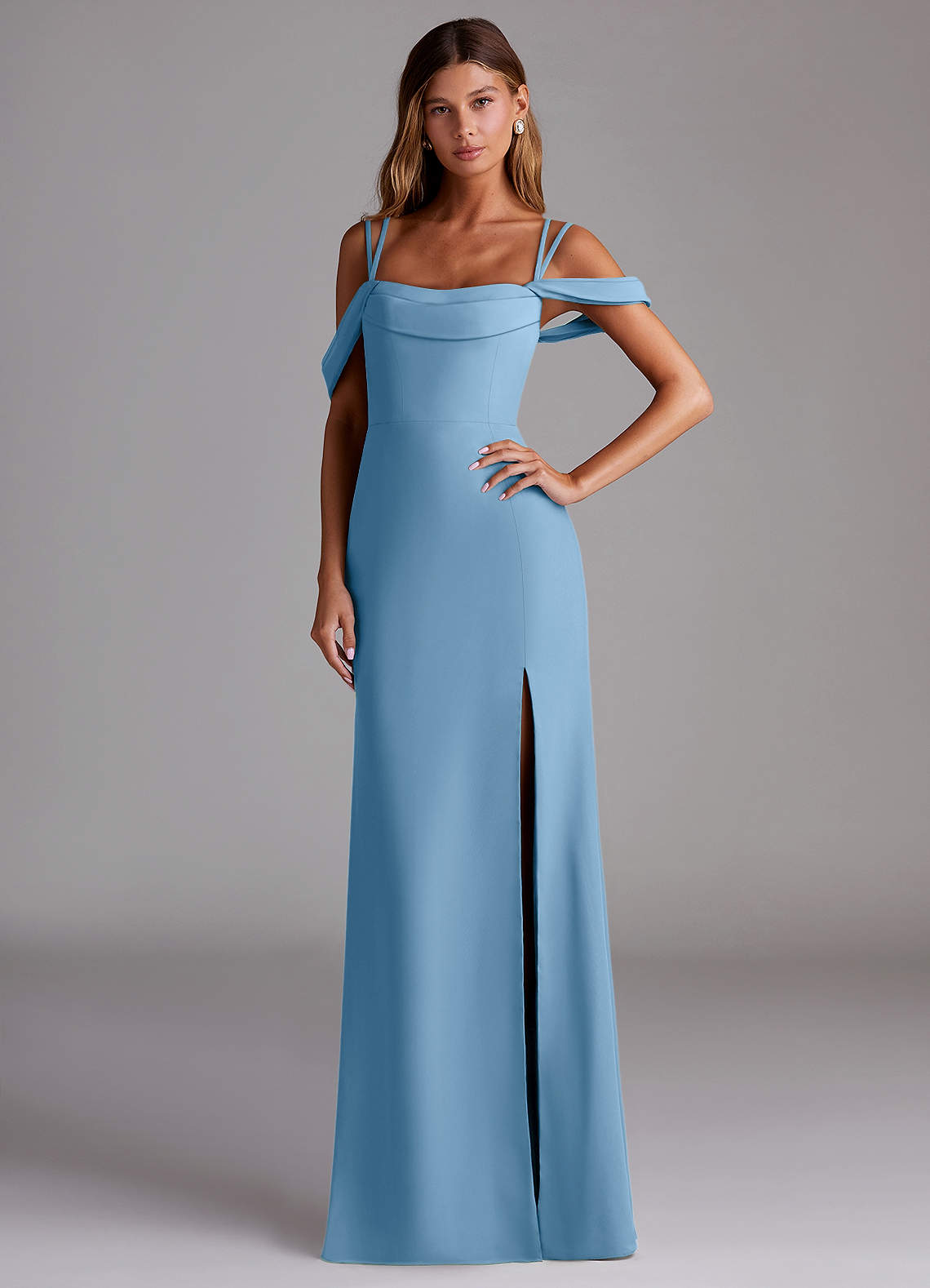 Azazie Callan Bridesmaid Dresses Steel Blue Mermaid Pleated Chiffon Convertible Dress image1