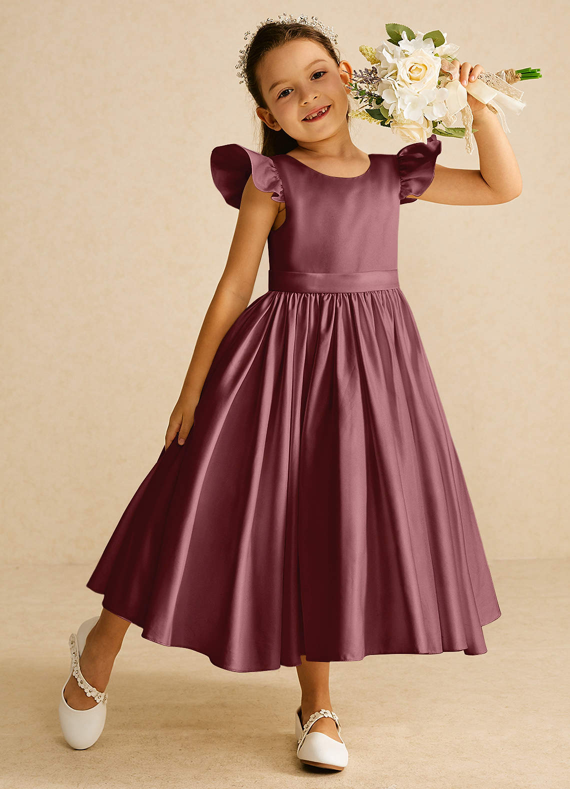 Azazie Violeta vestidos de niña de las flores Vestido de Rosa Del Desierto de Satin Mate de Vestido de gala con Lazo image1