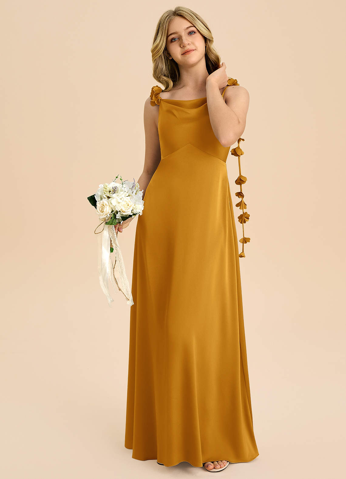 Azazie Gumdrop Junior Robe Empire en Satin extensible Plissée Caramel écossais image1