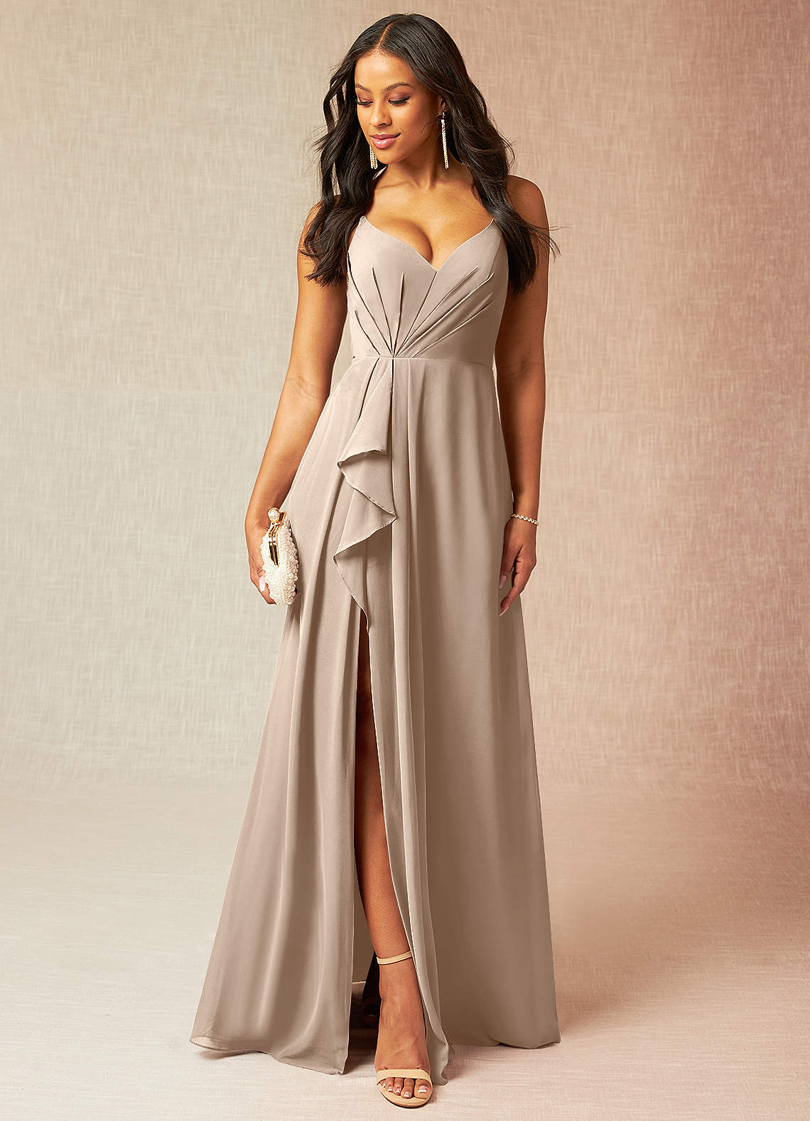 Azazie Kyedae Bridesmaid Dresses Taupe A-Line V-Neck Pleated Chiffon Dress image1