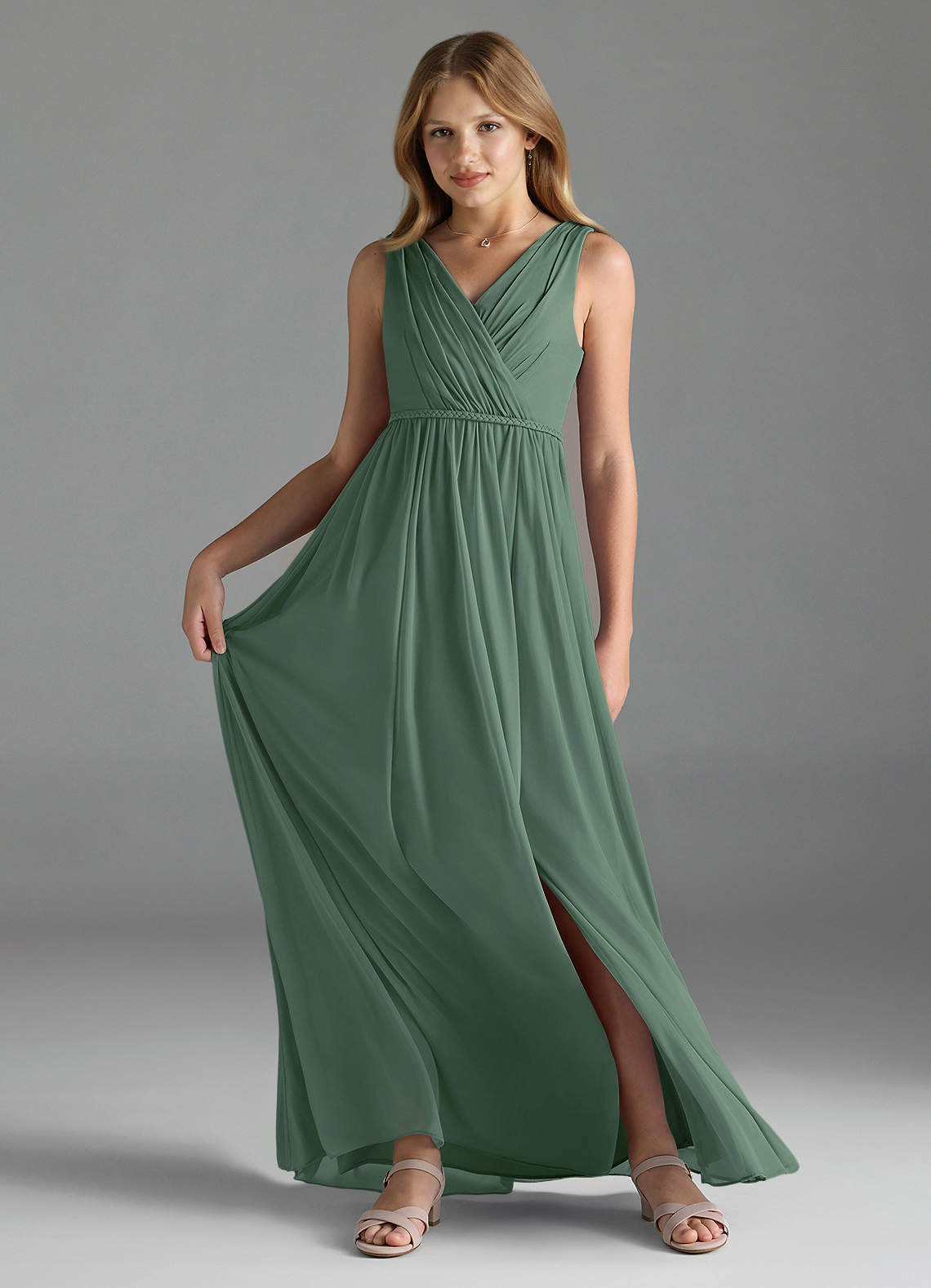 Azazie Tanicia Junior Jurk van Mesh met A-Lijn Eucalyptus image1