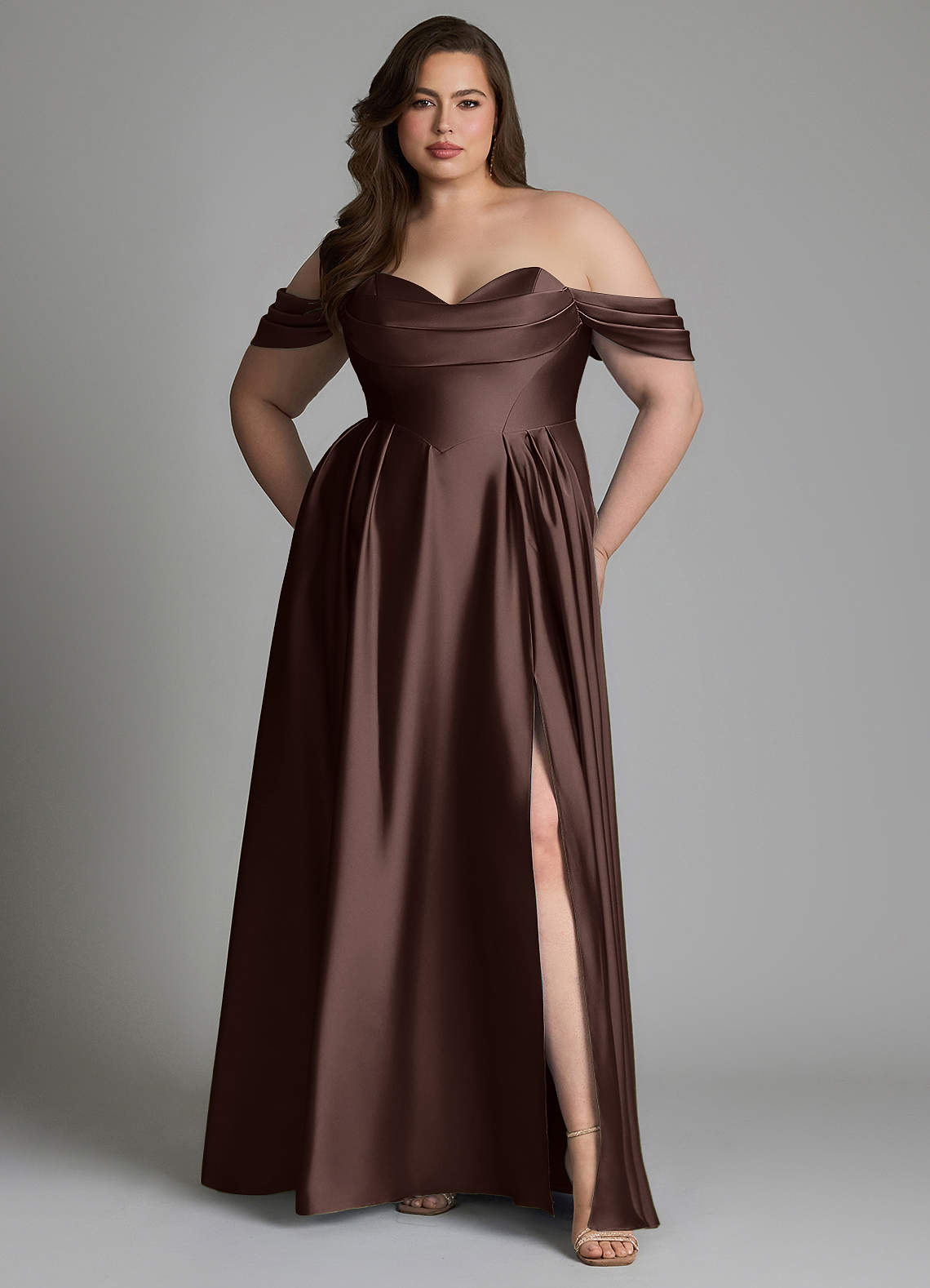 Azazie Loisa Bridesmaid Dresses Ganache A-Line Off the Shoulder Stretch Satin Dress image9