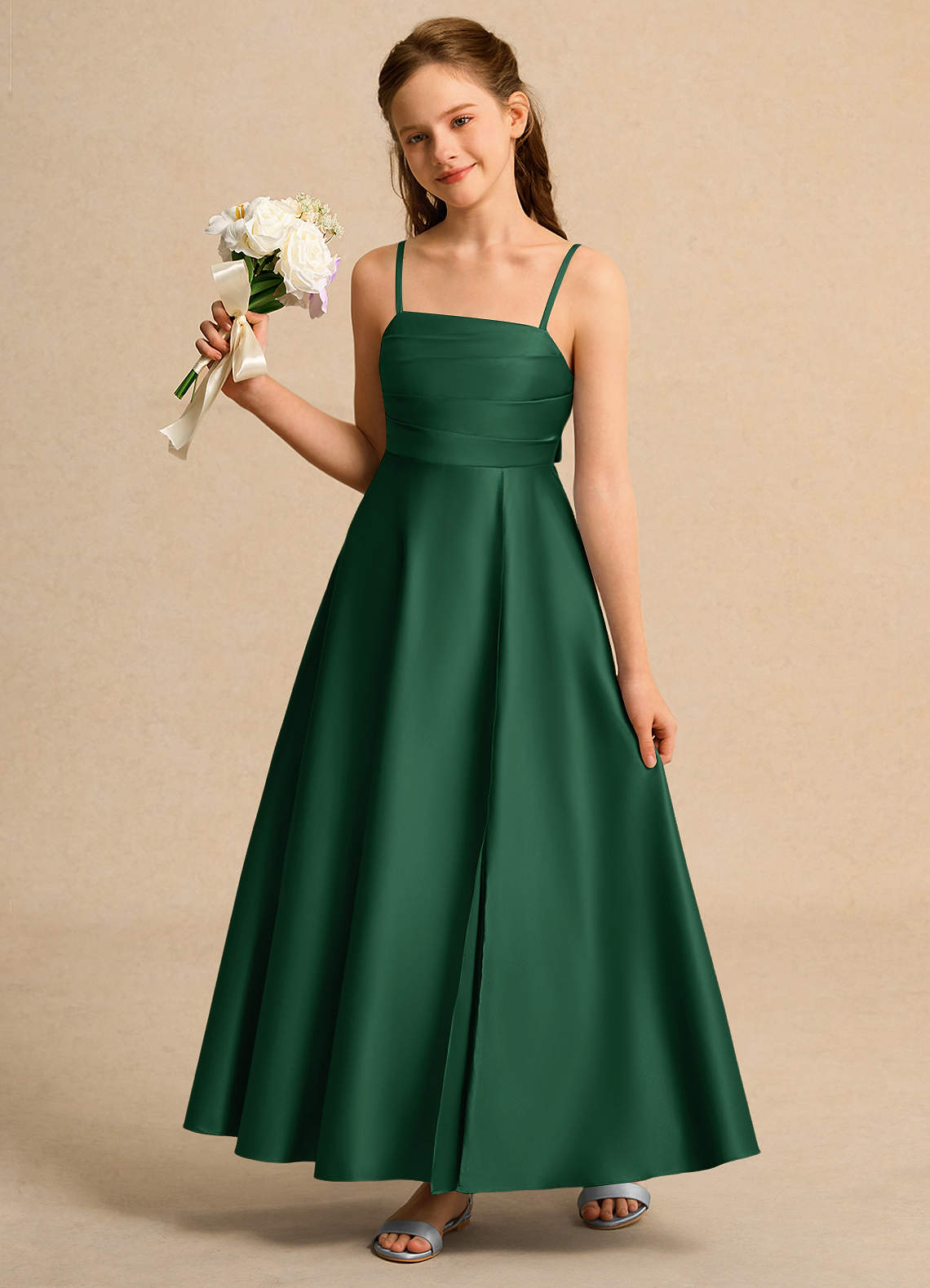Azazie A-Line/Princess Scalloped Neck Ankle-Length Matte Satin Flower Girl Dresses - Dark Green