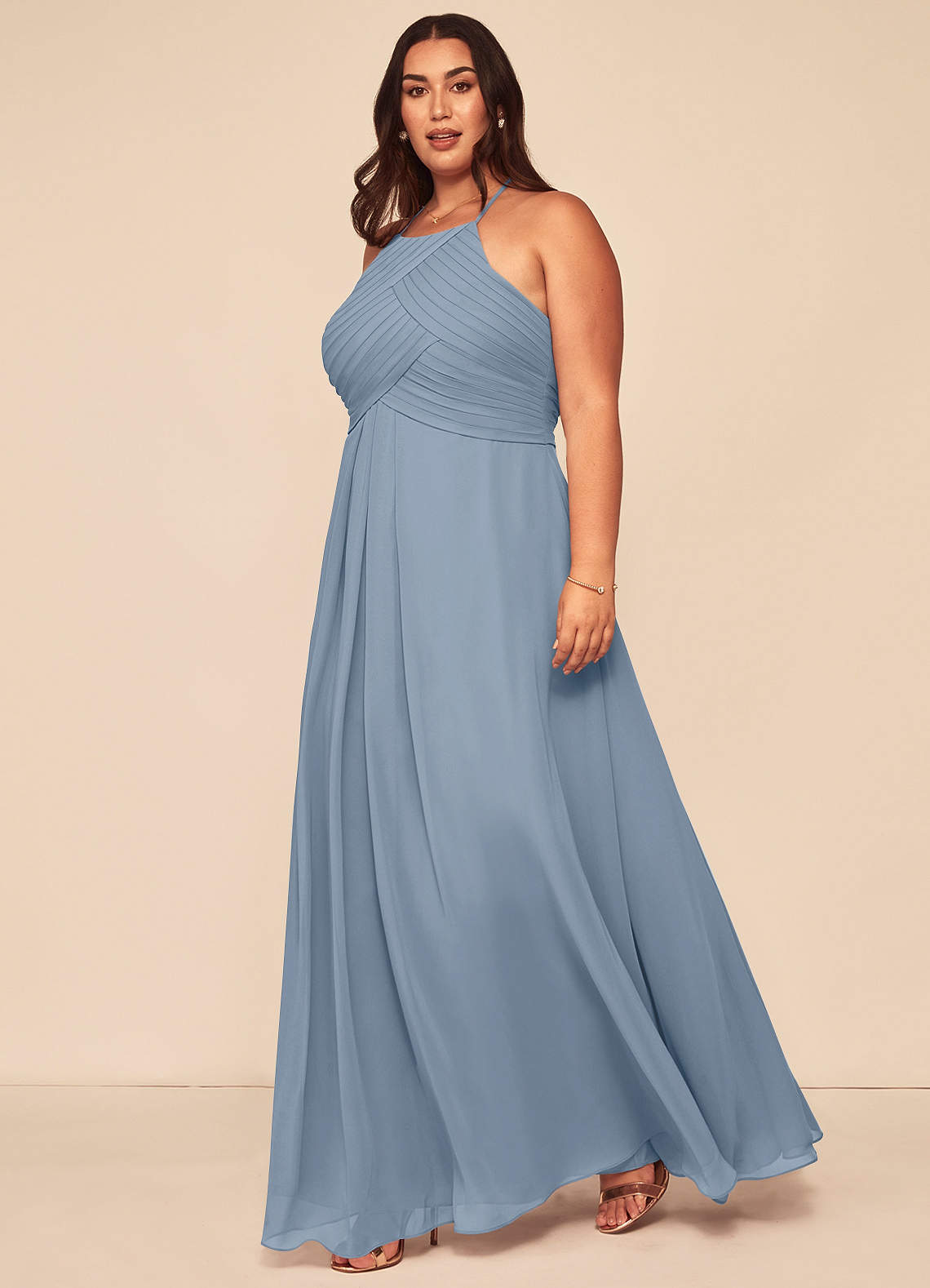 Azazie Ginger Bridesmaid Dresses Dusty Blue A-Line Halter Pleated Chiffon Dress image1