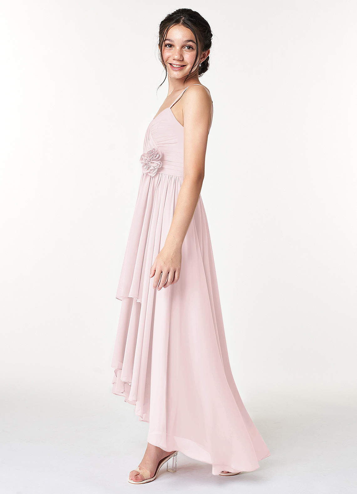 Azazie Catalina Junior Blushing Pink A-Line Ruched Chiffon Dress image4