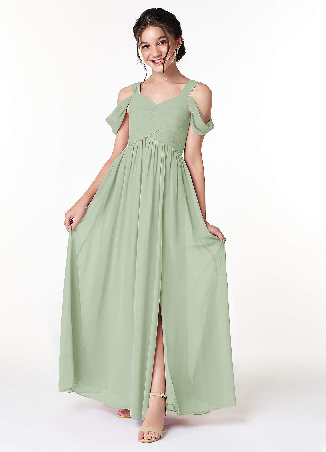 Azazie Lianne Junior Jurk van Chiffon met A-Lijn Off the Shoulder Stoffige Salie image1
