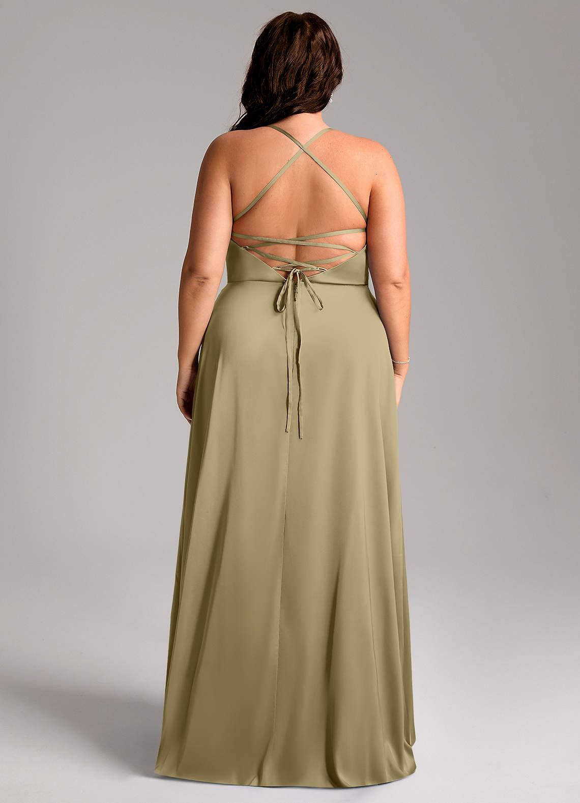 Azazie Mei Vestidos de damas de honor Vestido de Musgo Verde de Satén Elástico de Corte en A con Cuello en V image7