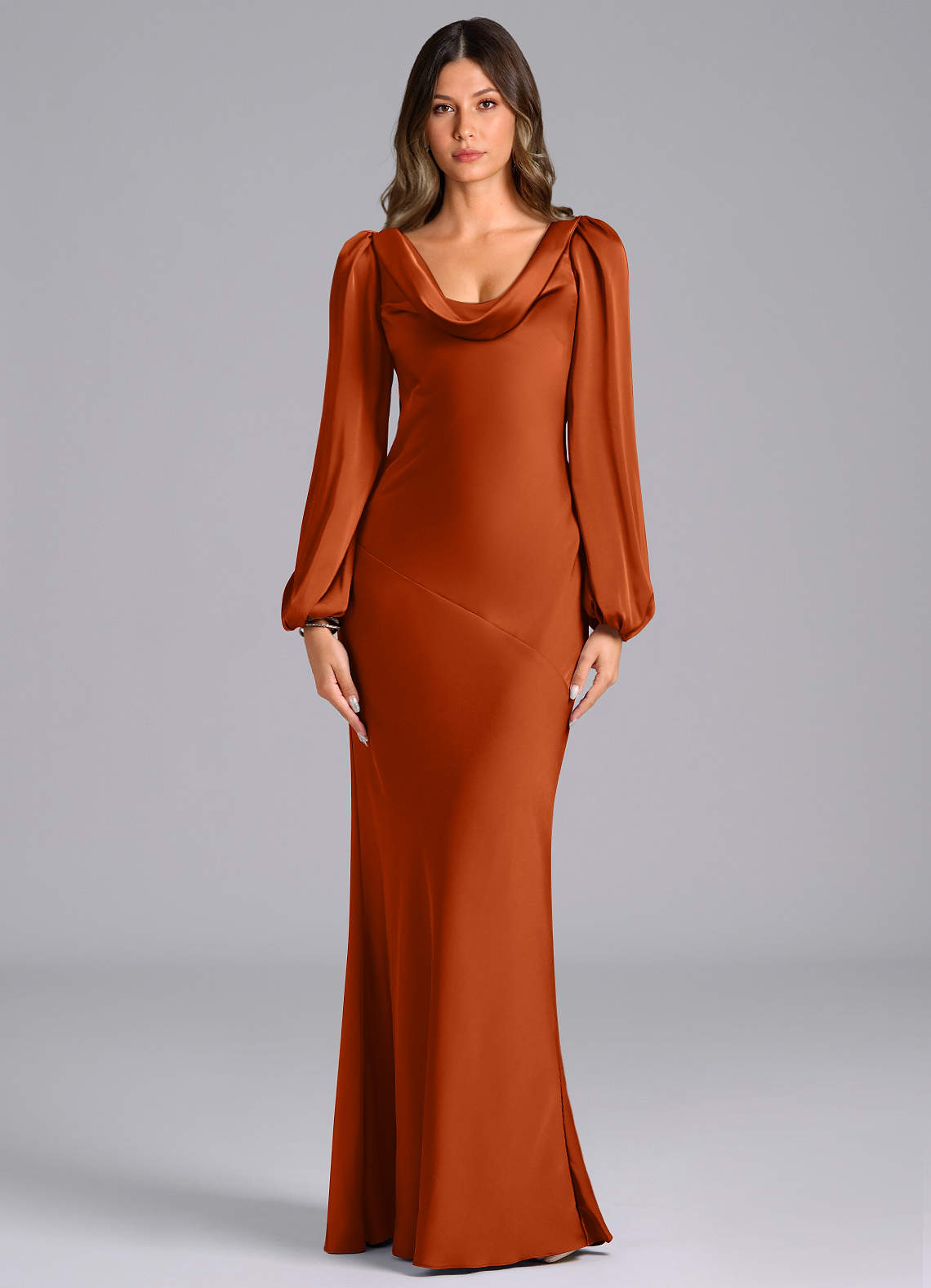 Azazie Rylina Bridesmaid Dresses Burnt Orange Mermaid Long Sleeve Stretch Satin Dress image1