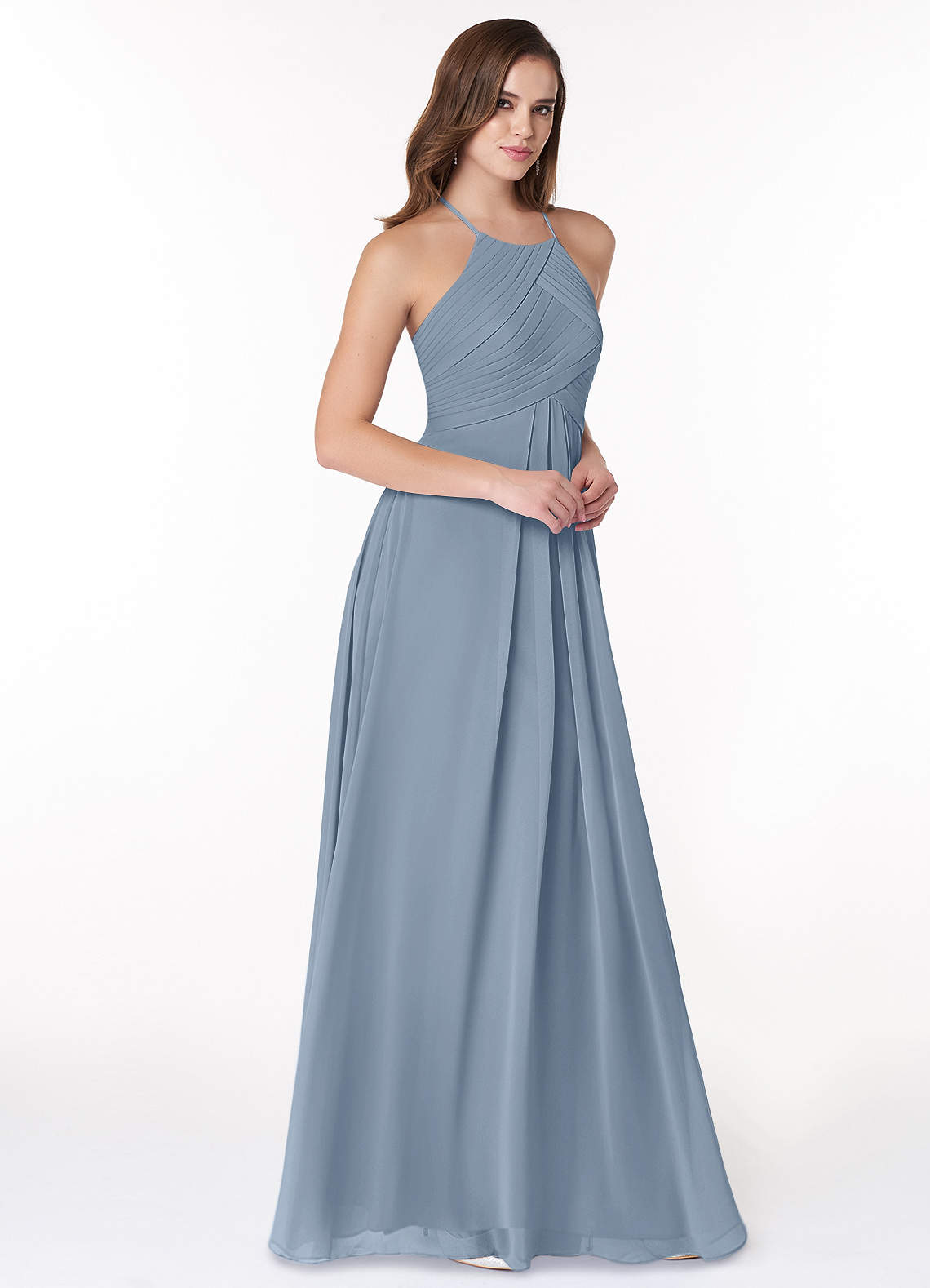 Azazie Ginger Bridesmaid Dresses Dusty Blue A-Line Halter Pleated Chiffon Dress image1