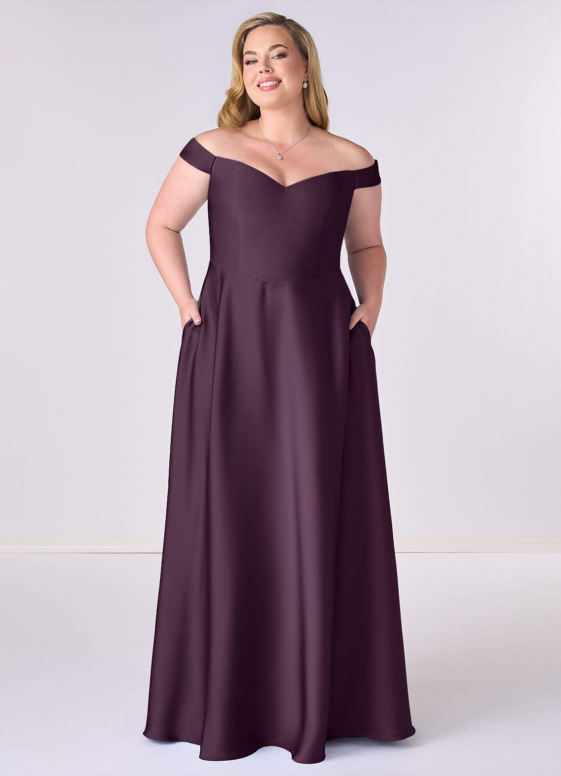 Barbie ♥ Azazie Brautjungfernkleider Wandelbar A-Linie Schulterfrei Stretch-Satin Kleid Pflaume image1