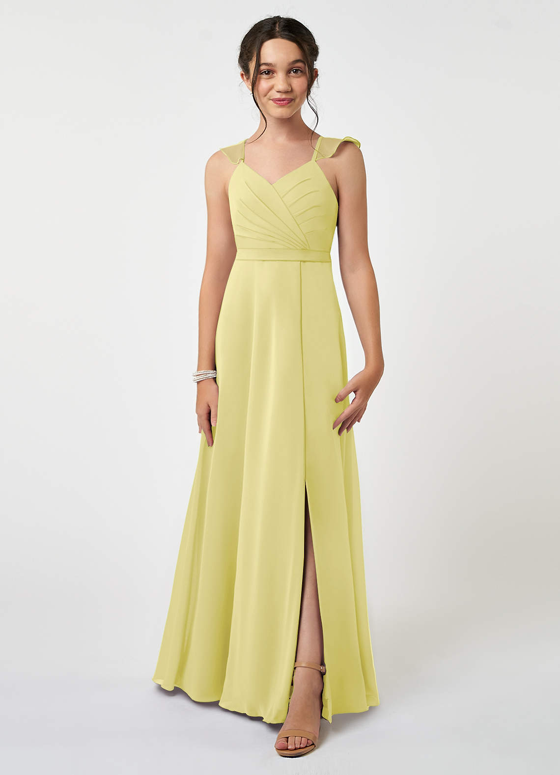 Azazie Emily Junior Robe Trapèze en Mousseline de soie Rayé Sorbet Citron image1