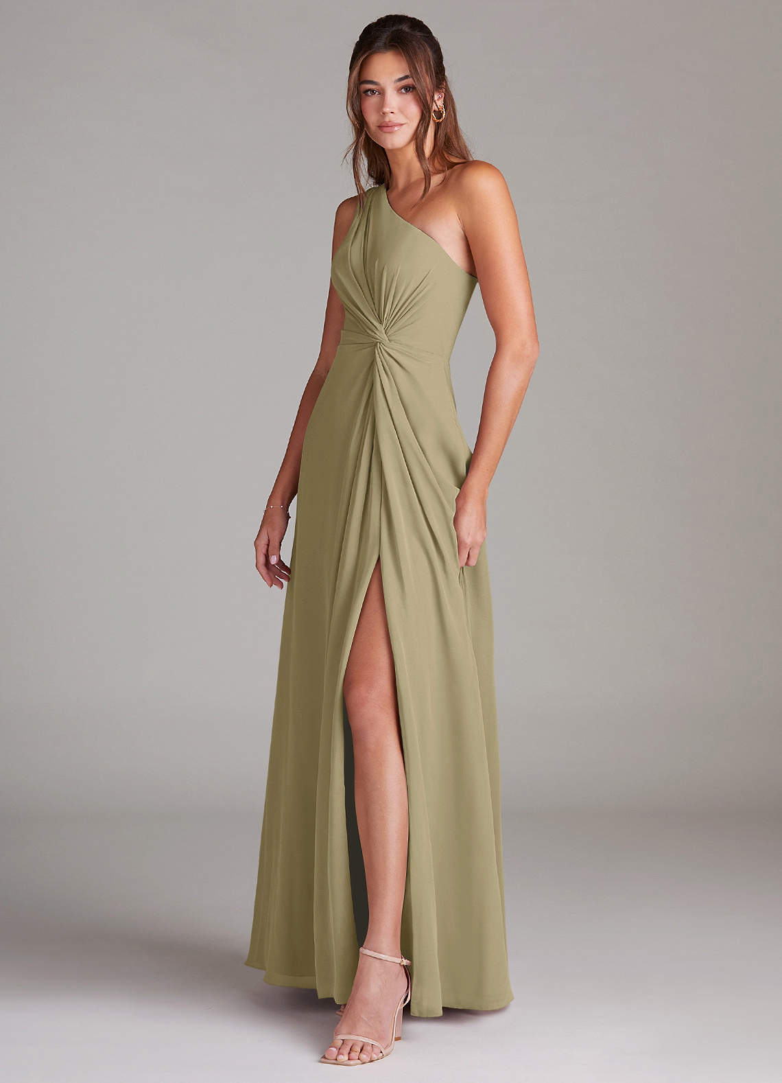 Azazie Brooke Vestidos de madrinha de casamento Vestido Musgo Verde de Chiffon de Linha A com Um ombro image4