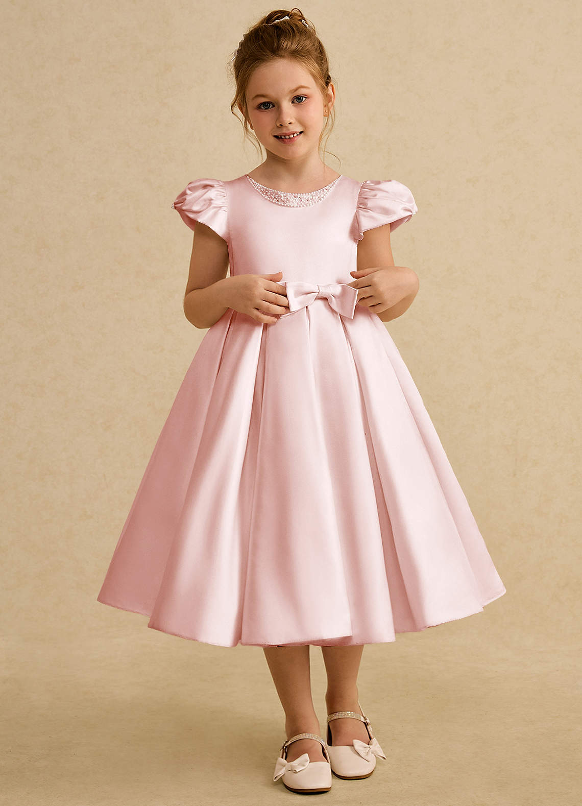 Azazie Pearl Flower Girl Dresses Blushing Pink Ball-Gown Pleated Matte Satin Dress image1