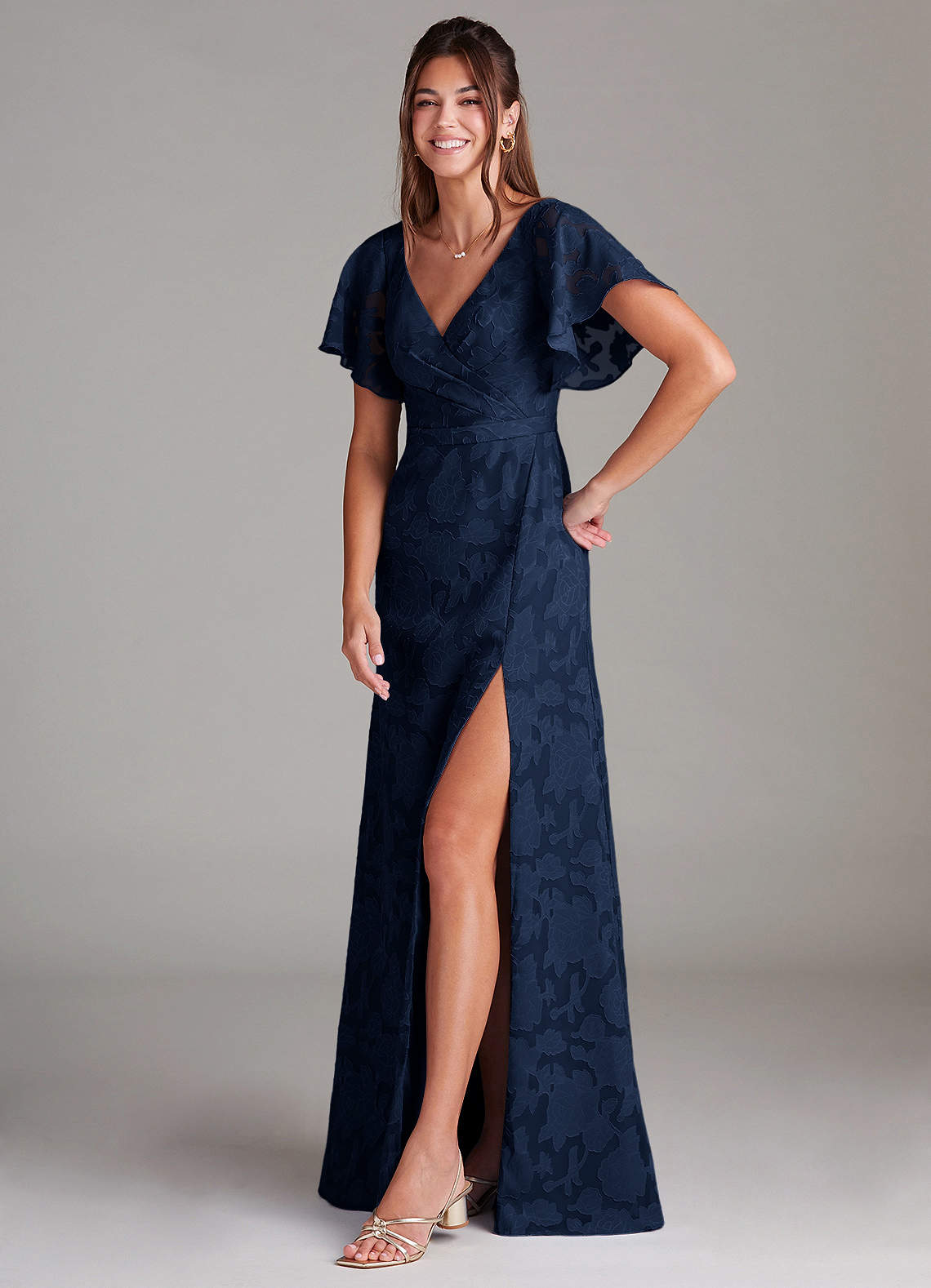 Azazie Ambrosia Robes de demoiselle d'honneur Robe Trapèze en Blumen-Burnout Plissée Bleu Marine Foncé image3