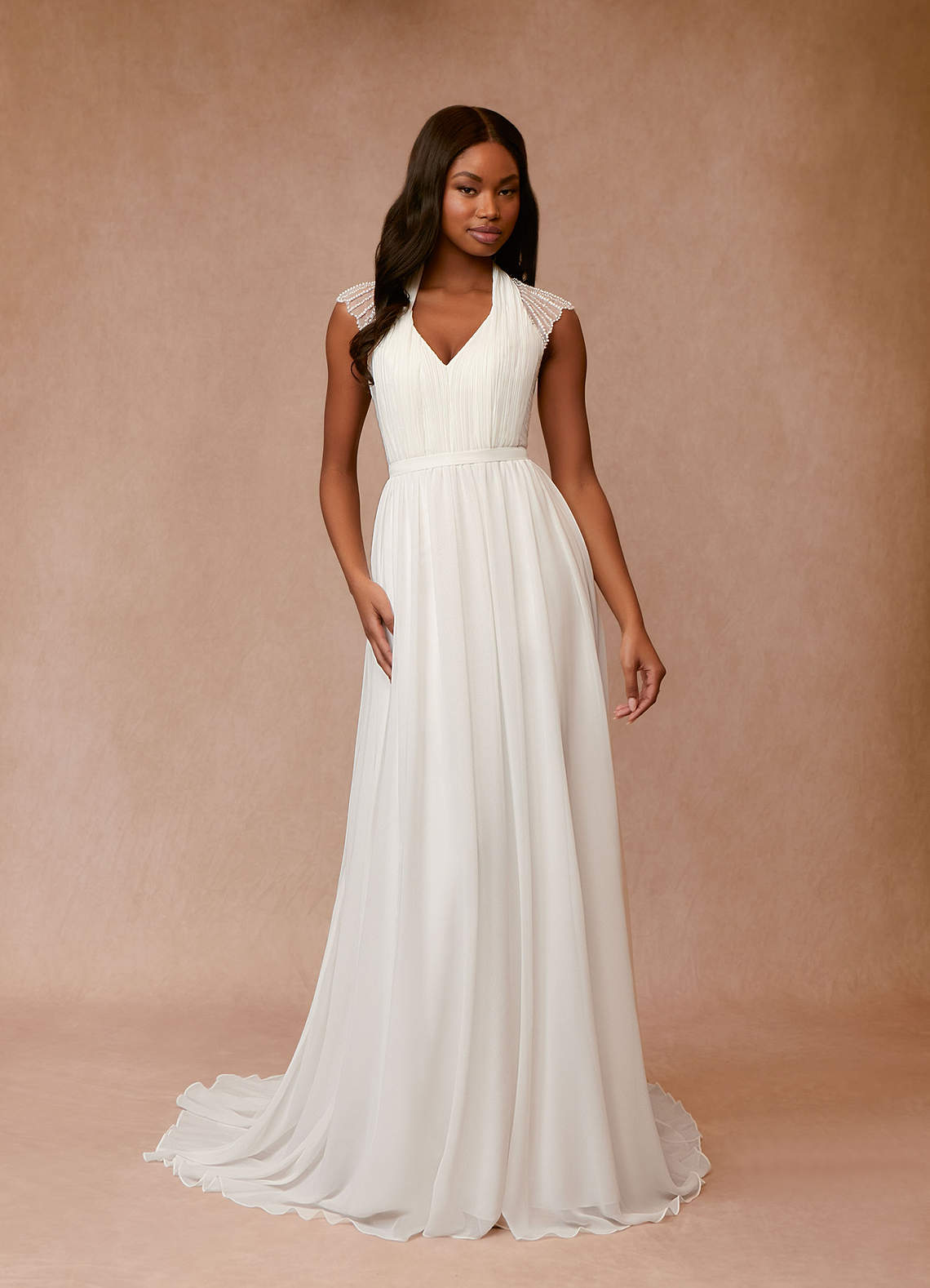 Azazie Cersei At-home Try On Dresses Diamond White A-Line Pleated Chiffon Dress image1